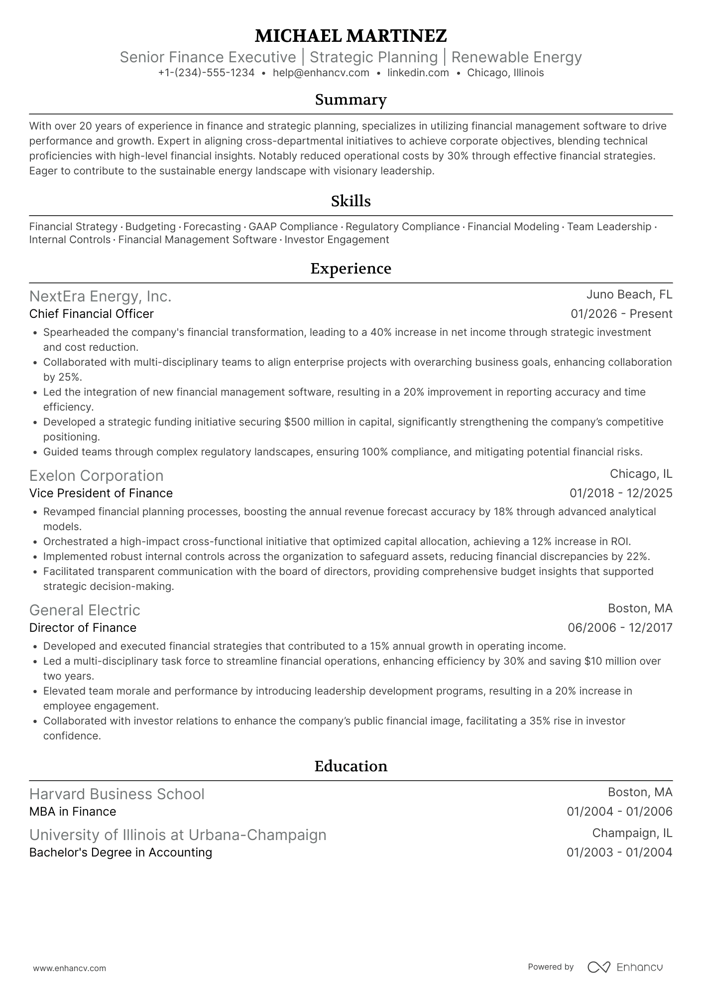 A resume example of a Senior VP of Finance