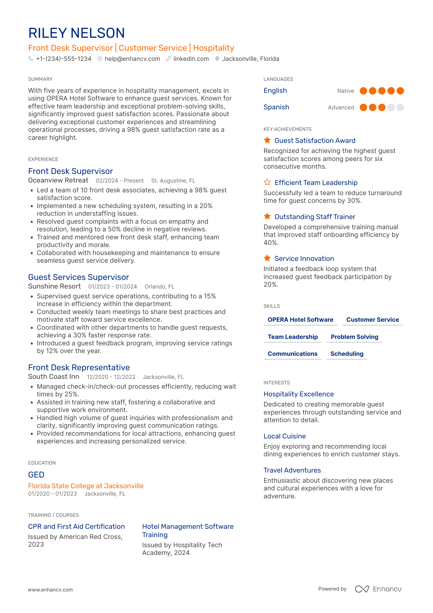 A resume example of a Front Desk Supervisor