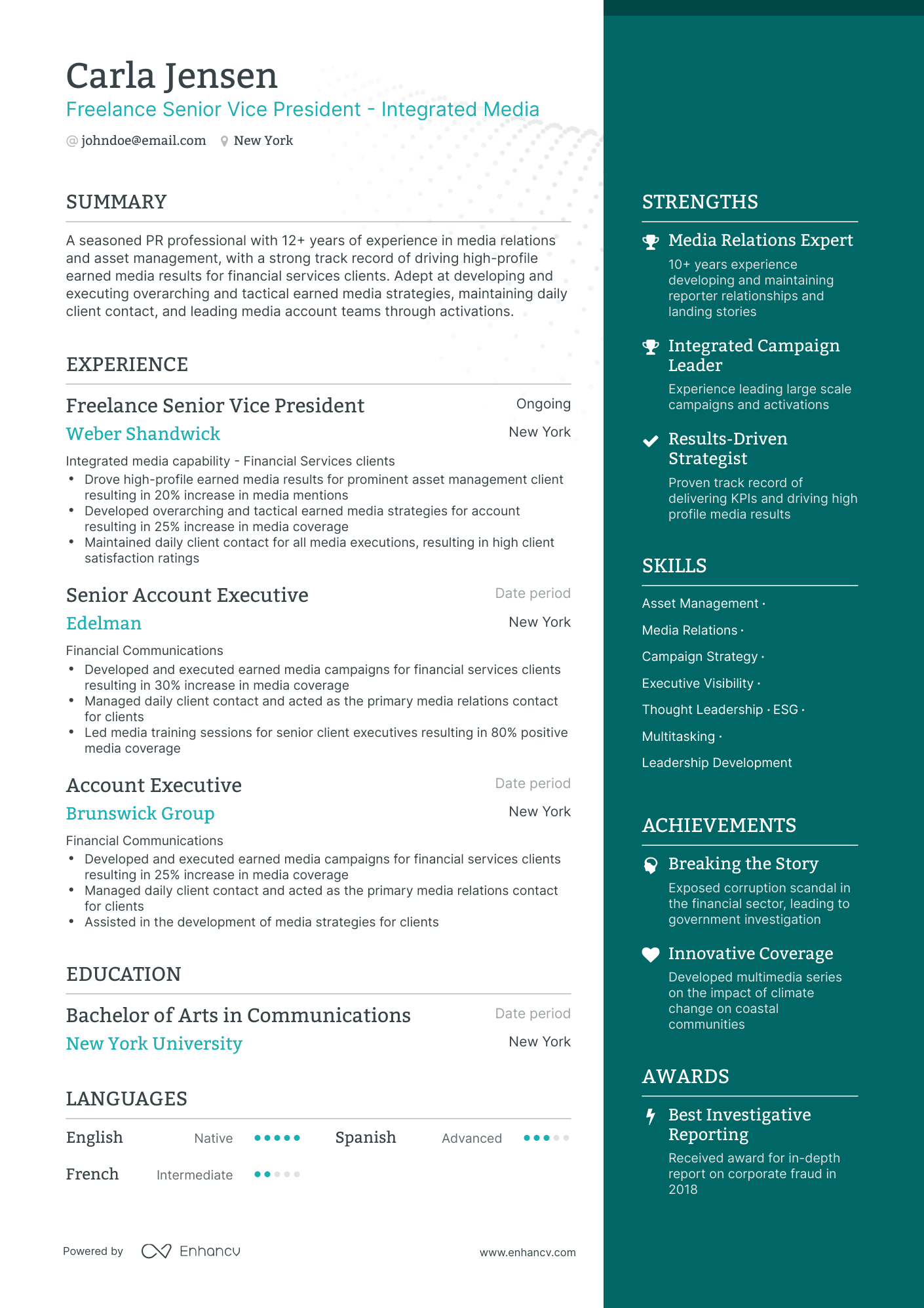 One Page Freelance Reporter Resume Template