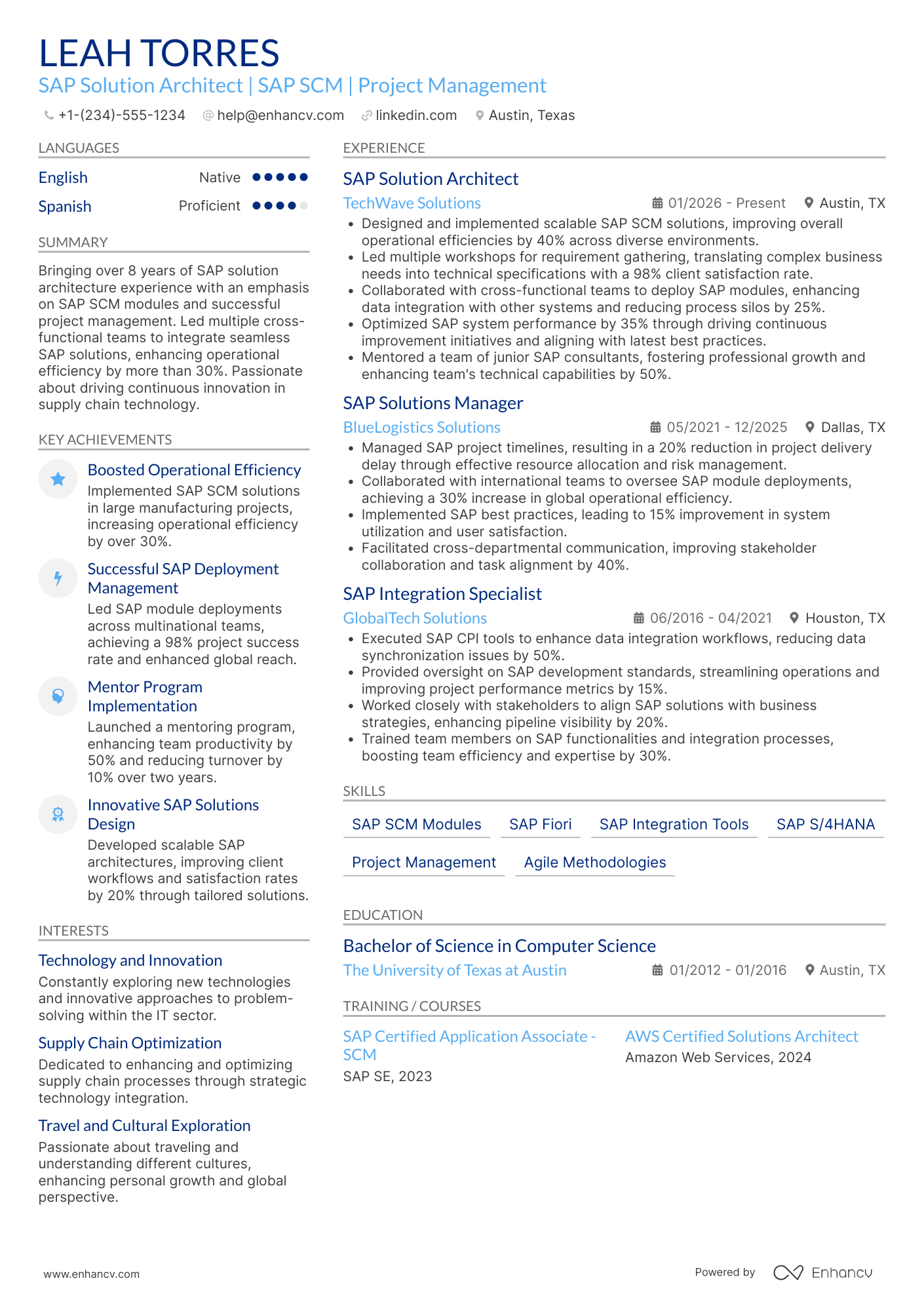 A resume example of a SAP Solution Architect