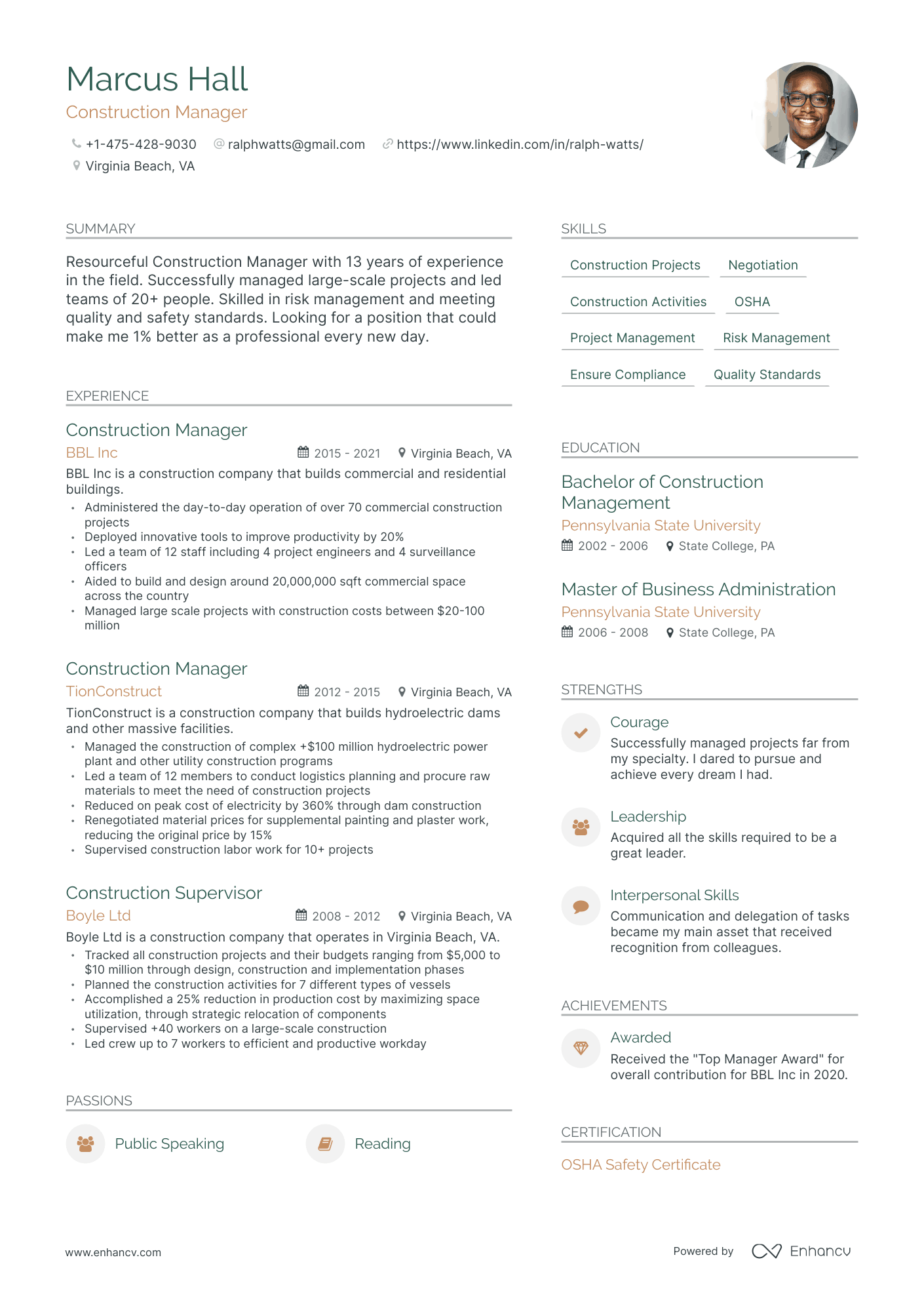 Modern Construction Manager Resume Template