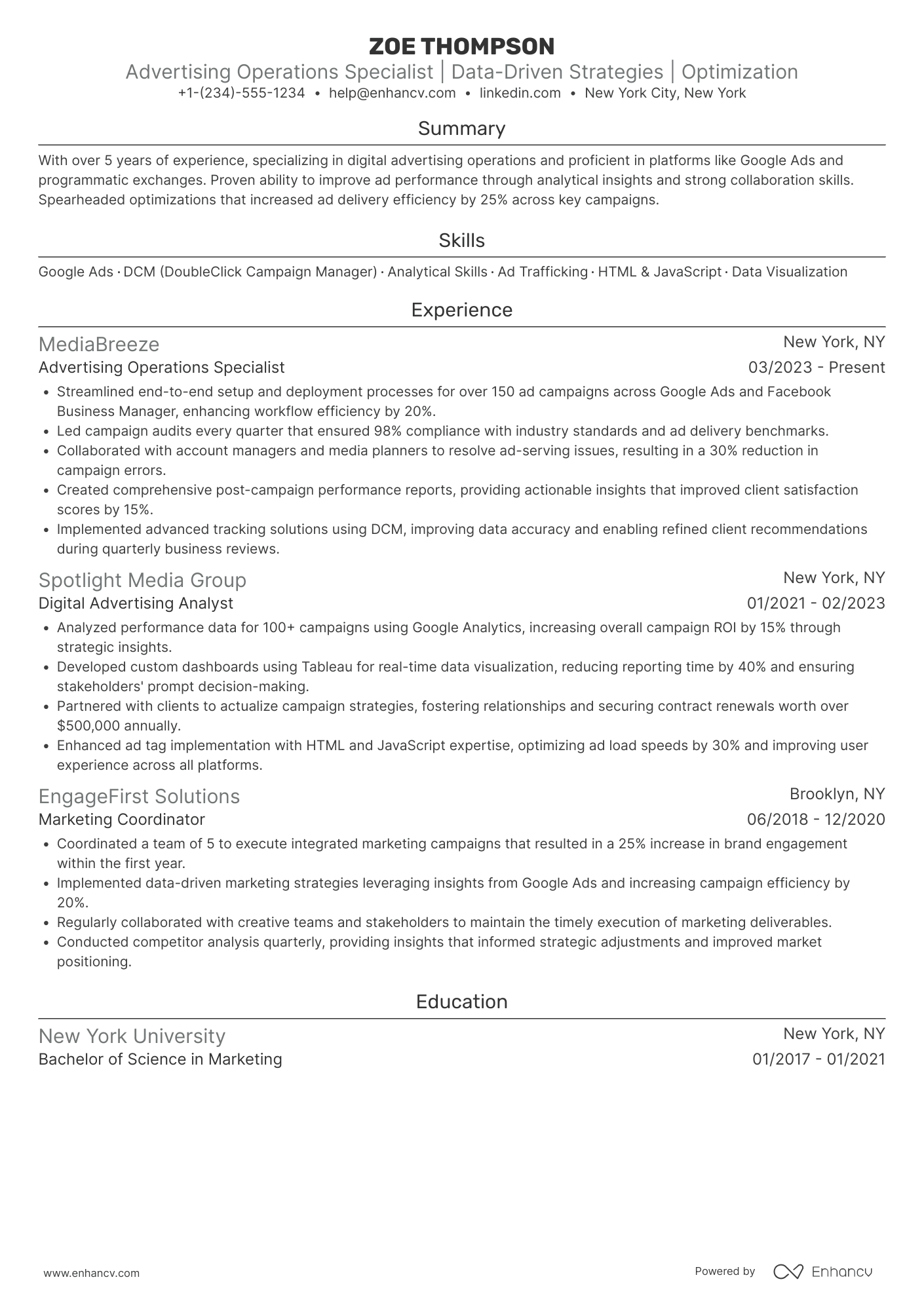 A resume example of a Advertising Operations Specialist