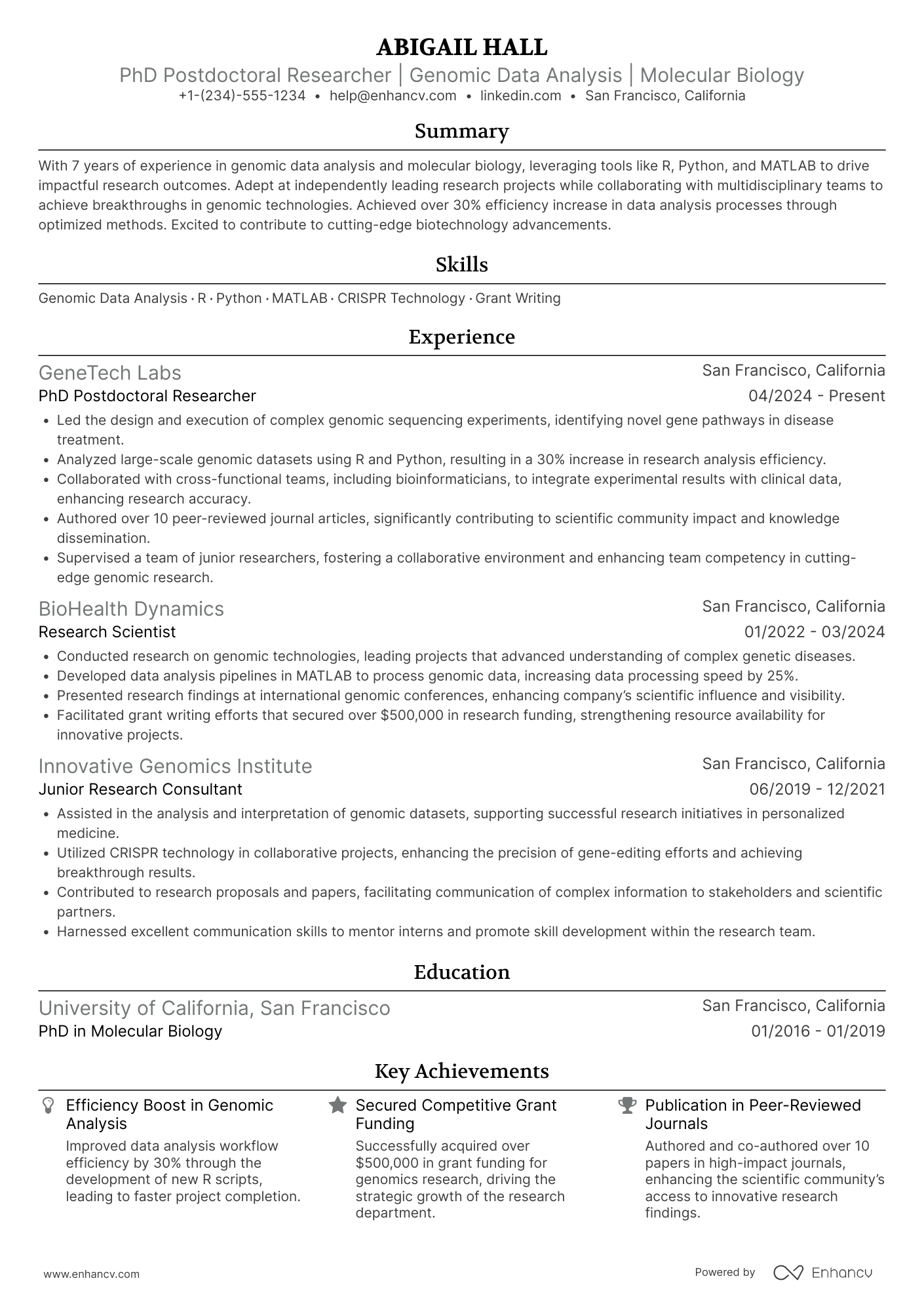 A resume example of a PhD Postdoctoral Researcher