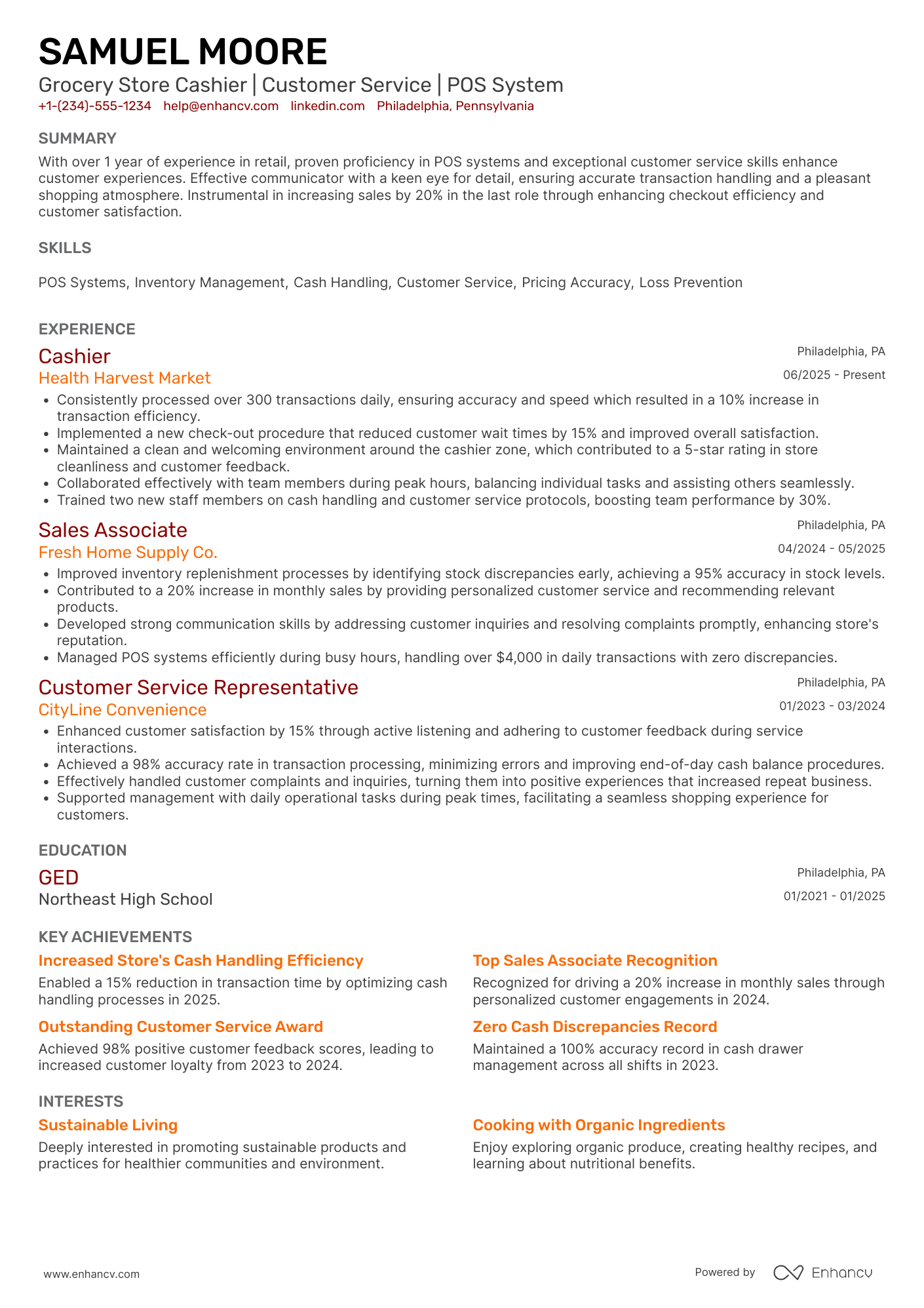 A resume example of a Grocery Store Cashier