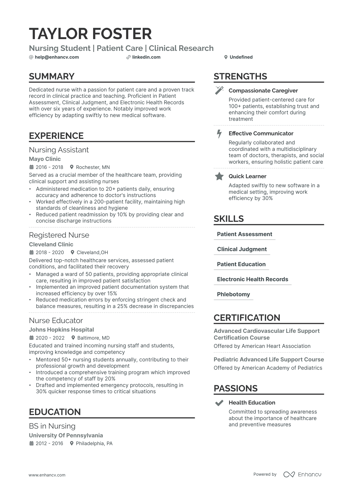 A resume example of a Nursing Student Clinical Experience