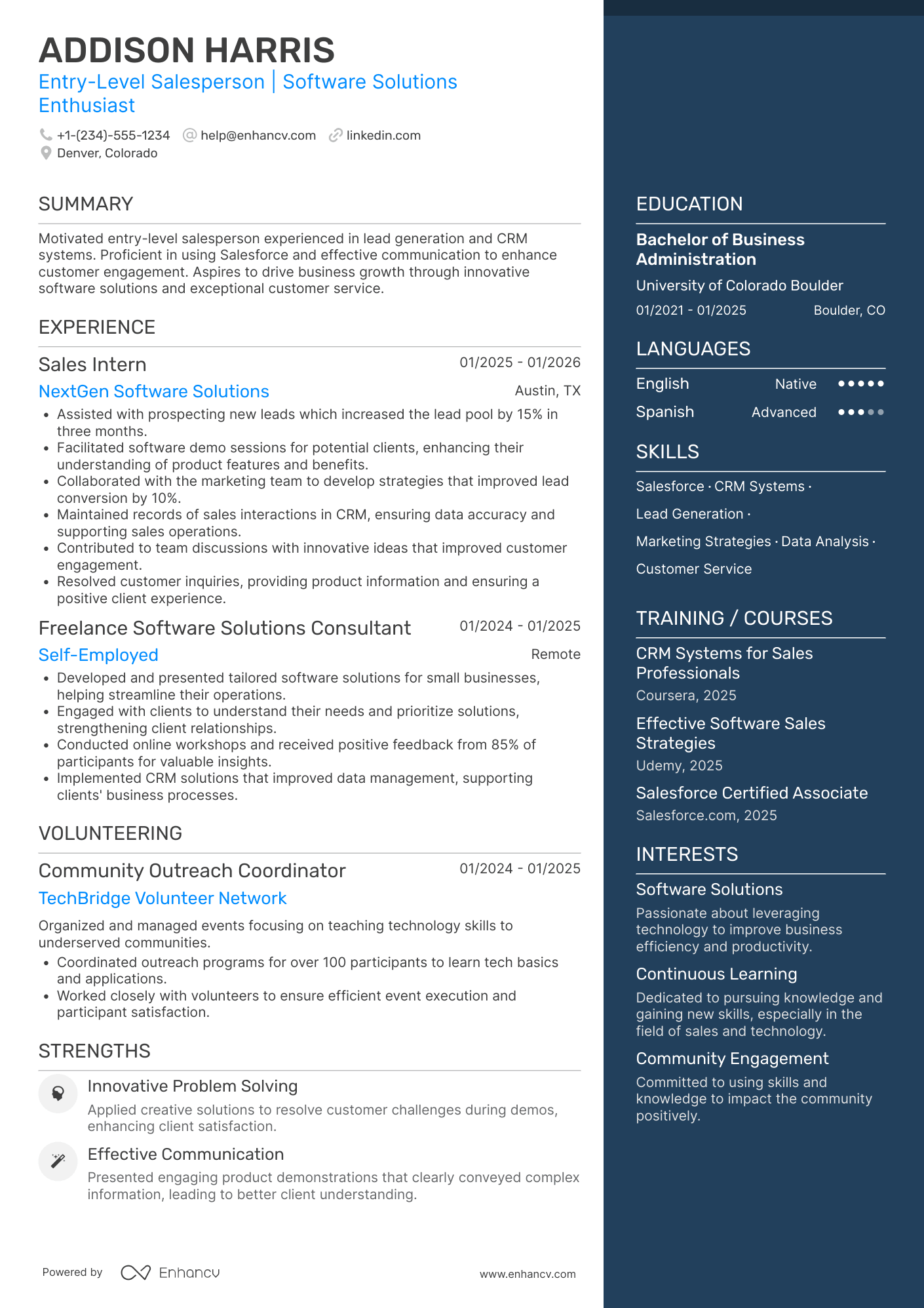 A resume example of a Entry Level Salesperson