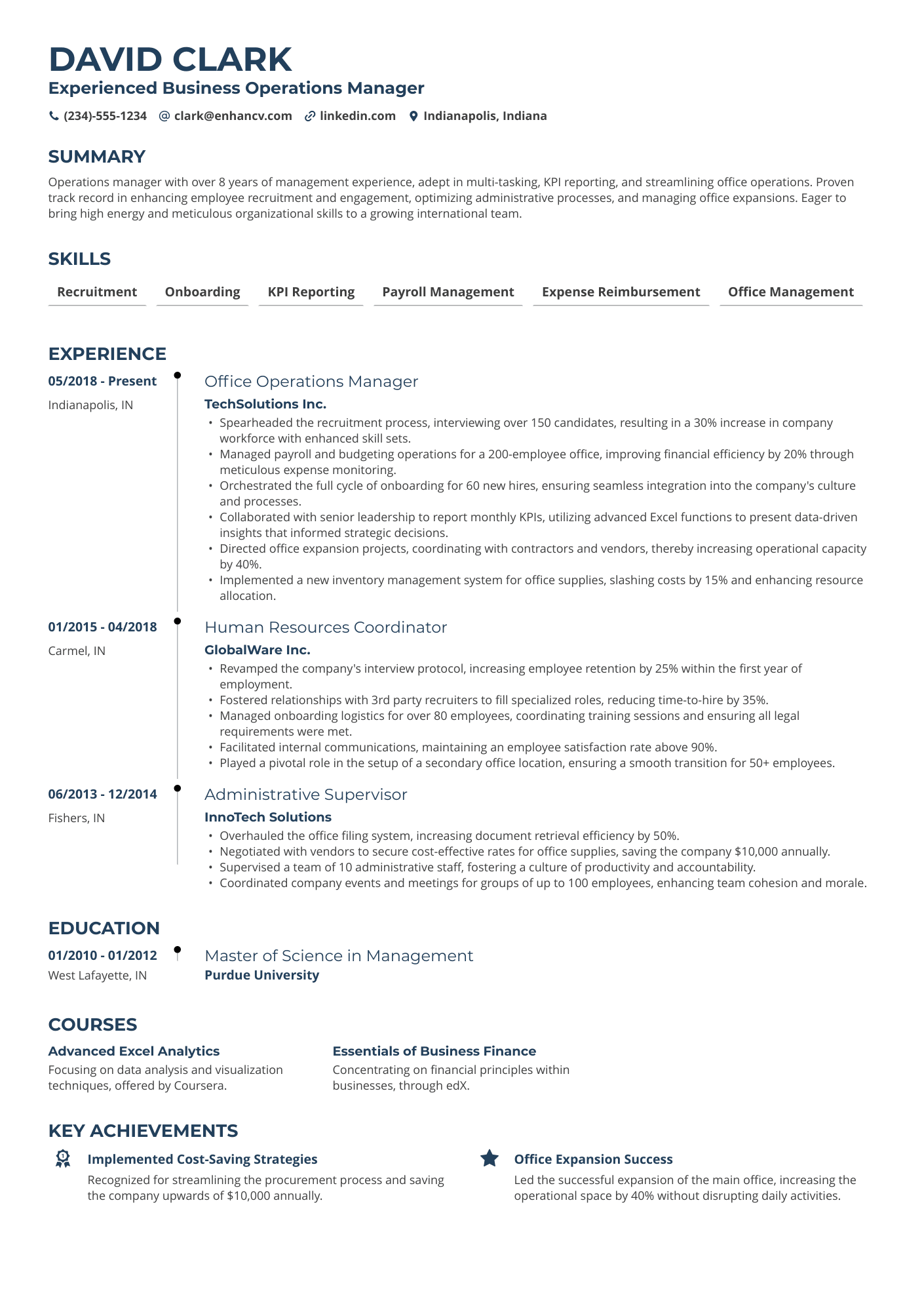 A resume example of a Business Operations Manager