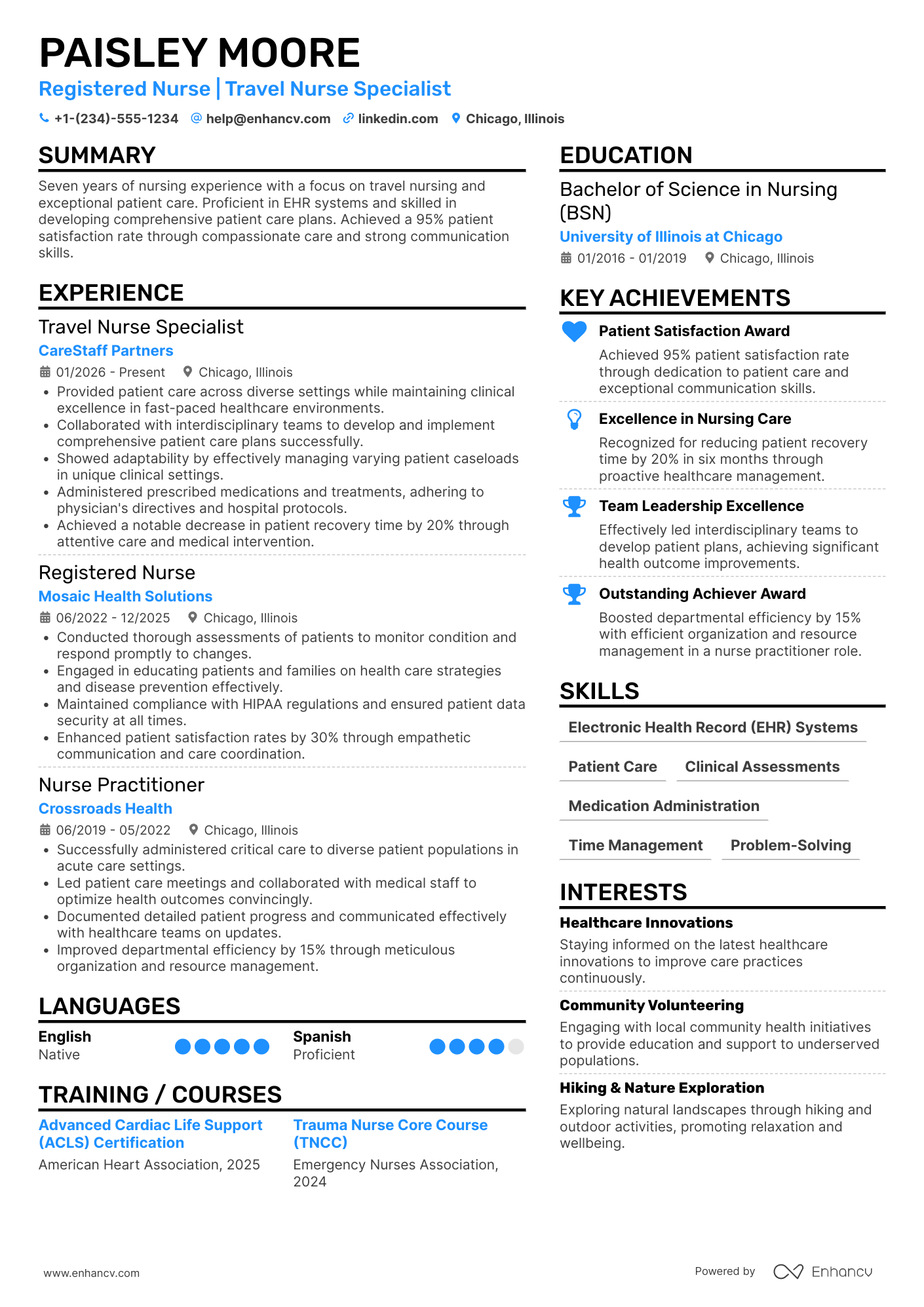 A resume example of a Travel Nurse Specialist