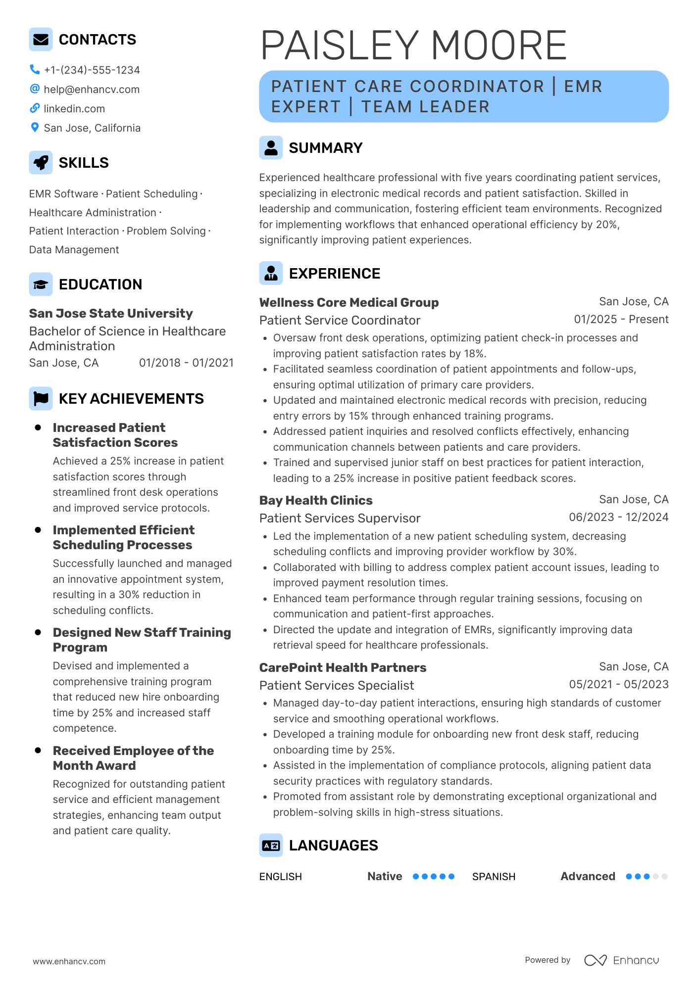 A resume example of a Patient Service Representative Coordinator