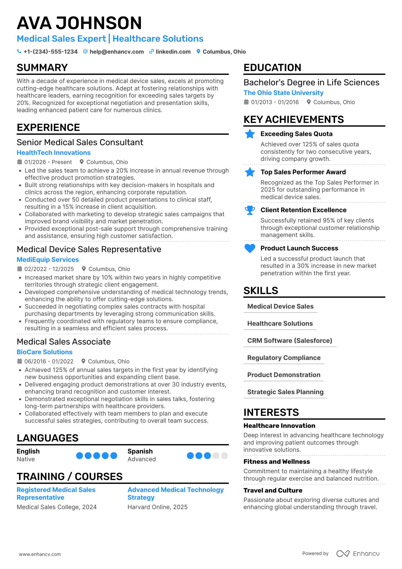 A resume example of a Medical Sales Consultant