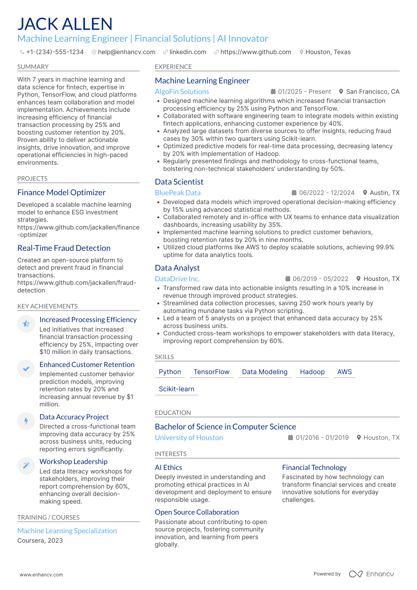 A resume example of a Machine Learning Engineer