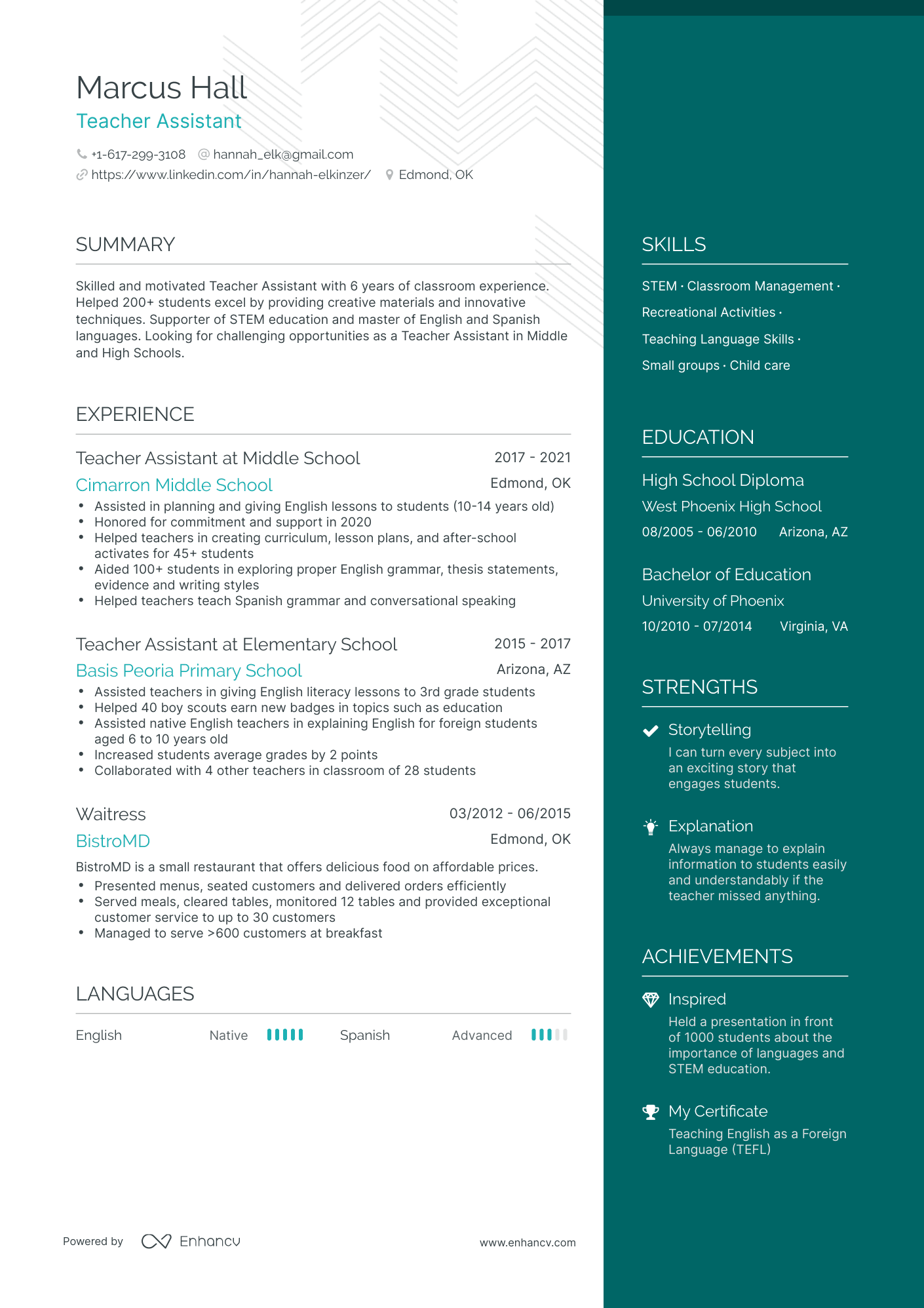 One Page Teacher Assistant Resume Template