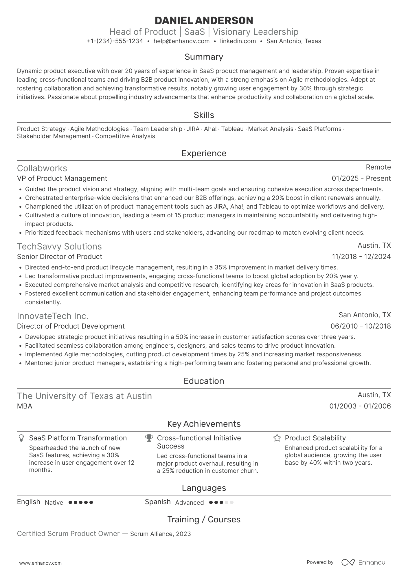 A resume example of a Head of Product