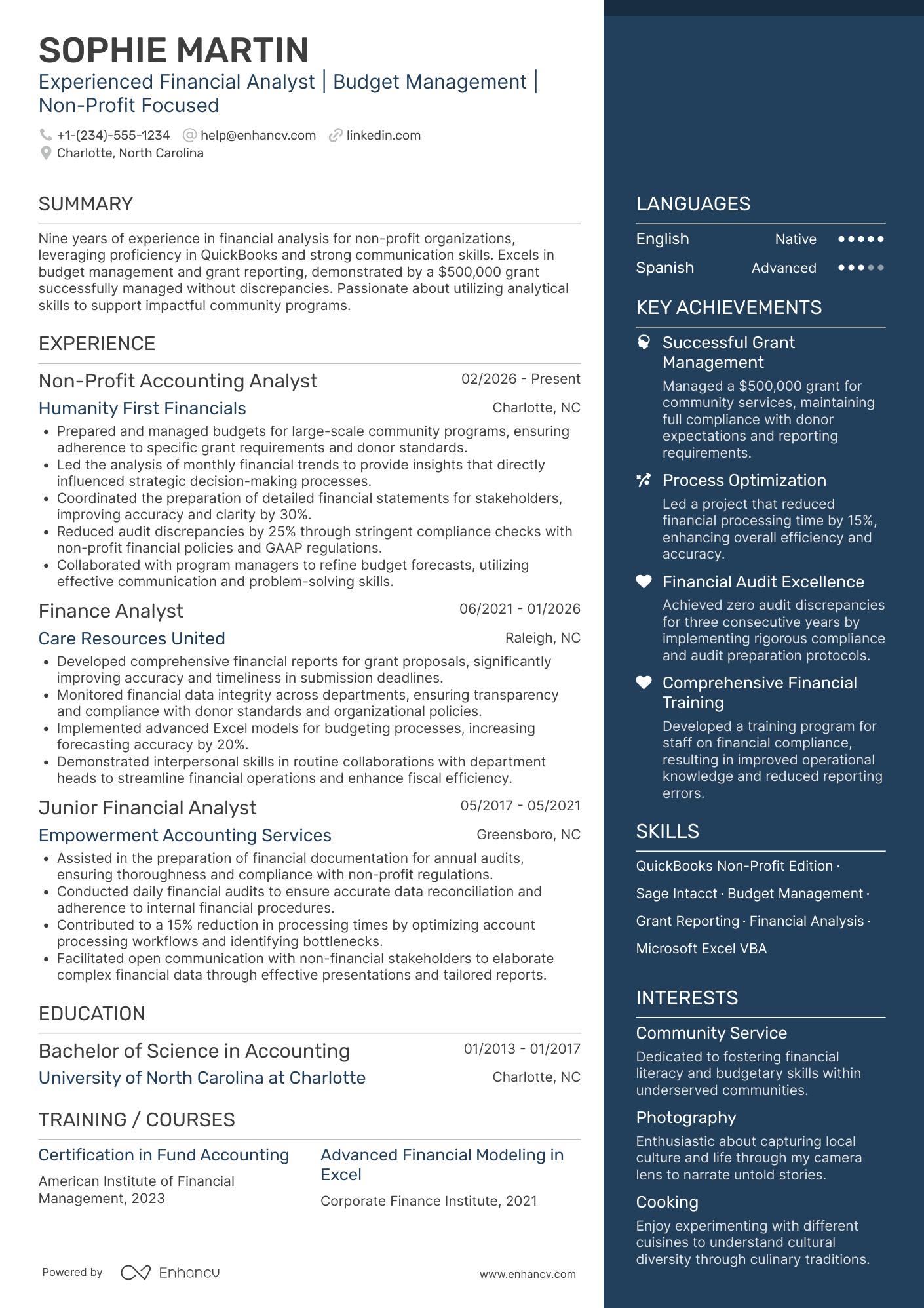 A resume example of a Non profit Accounting Analyst