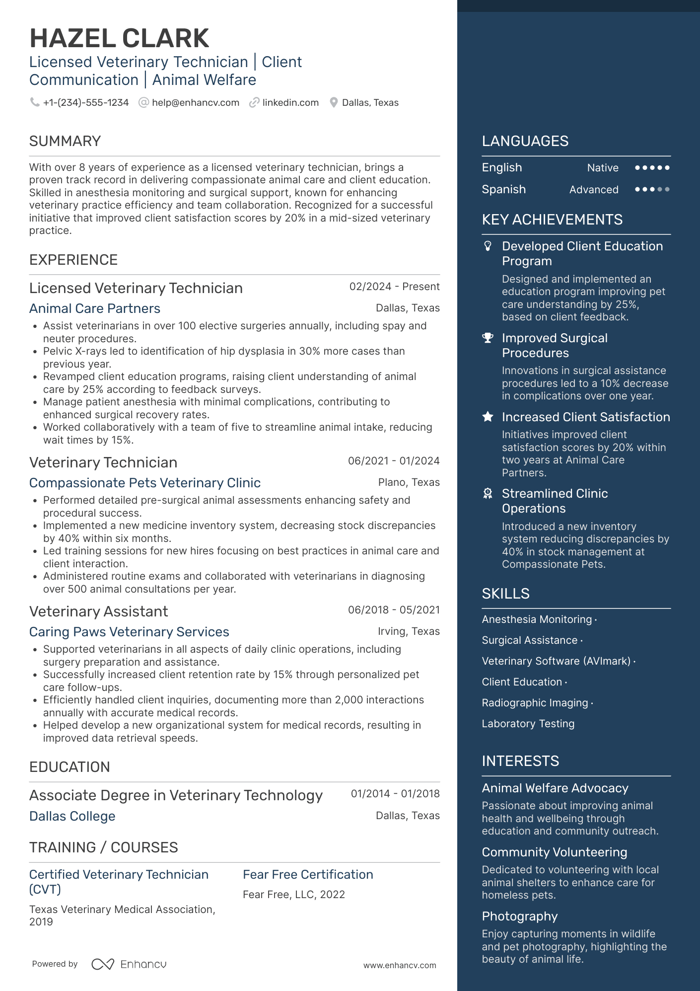 A resume example of a Licensed Veterinary Technician