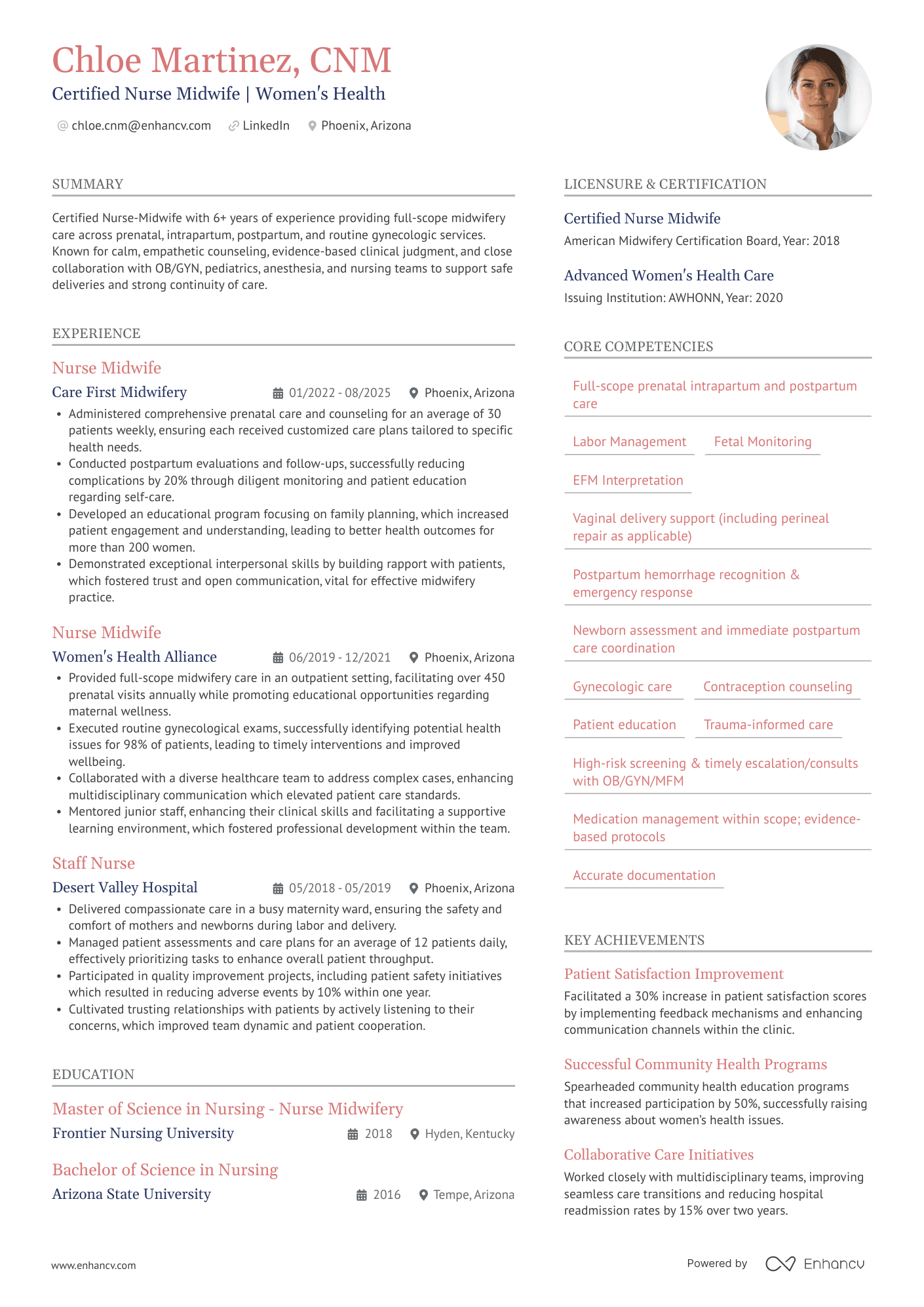 A resume example of a Nurse Midwife (CNM)