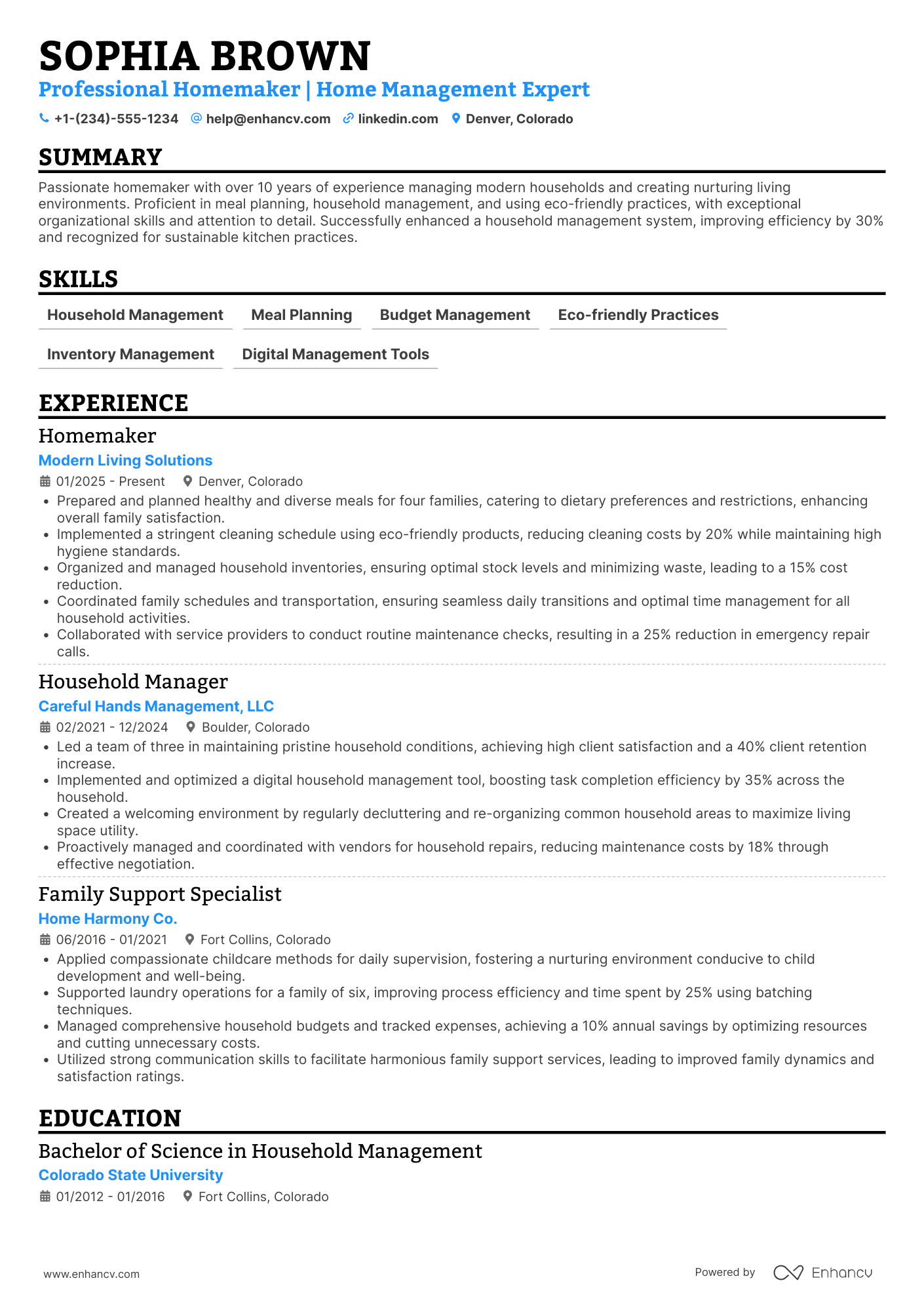 A resume example of a Homemaker