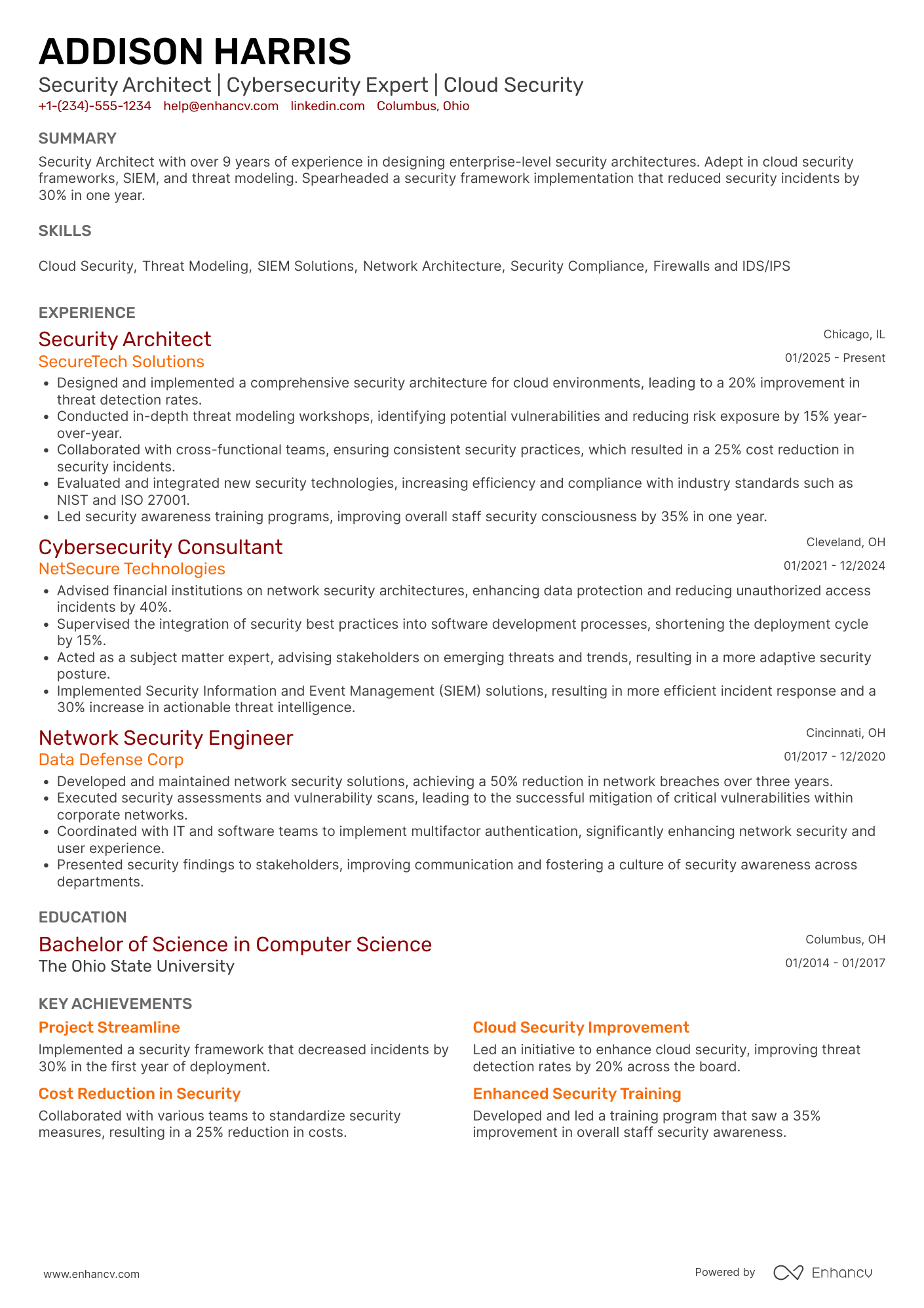 A resume example of a Security Architect