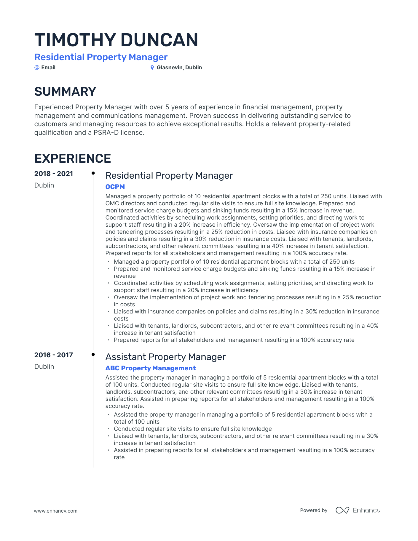 Timeline Residential Property Manager Resume Template