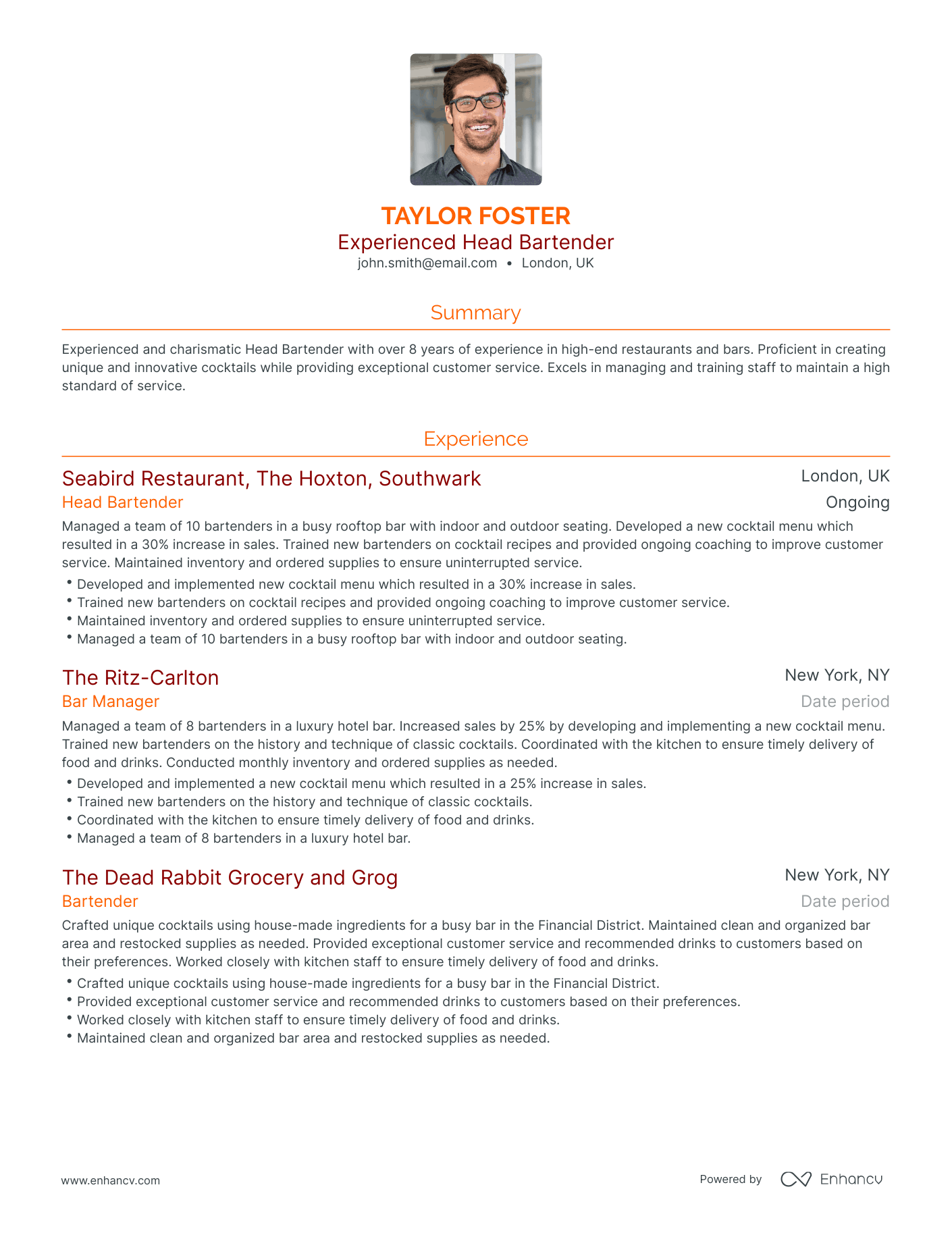 Traditional Head Bartender Resume Template