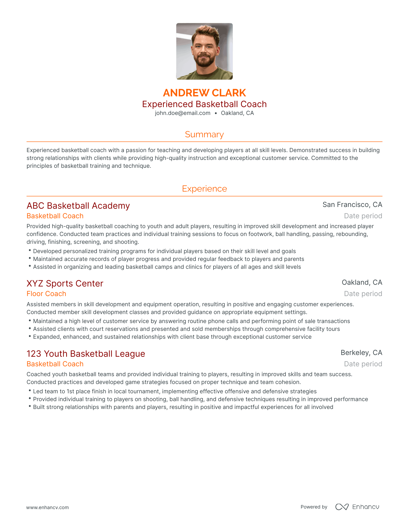 Traditional Basketball Coach Resume Template