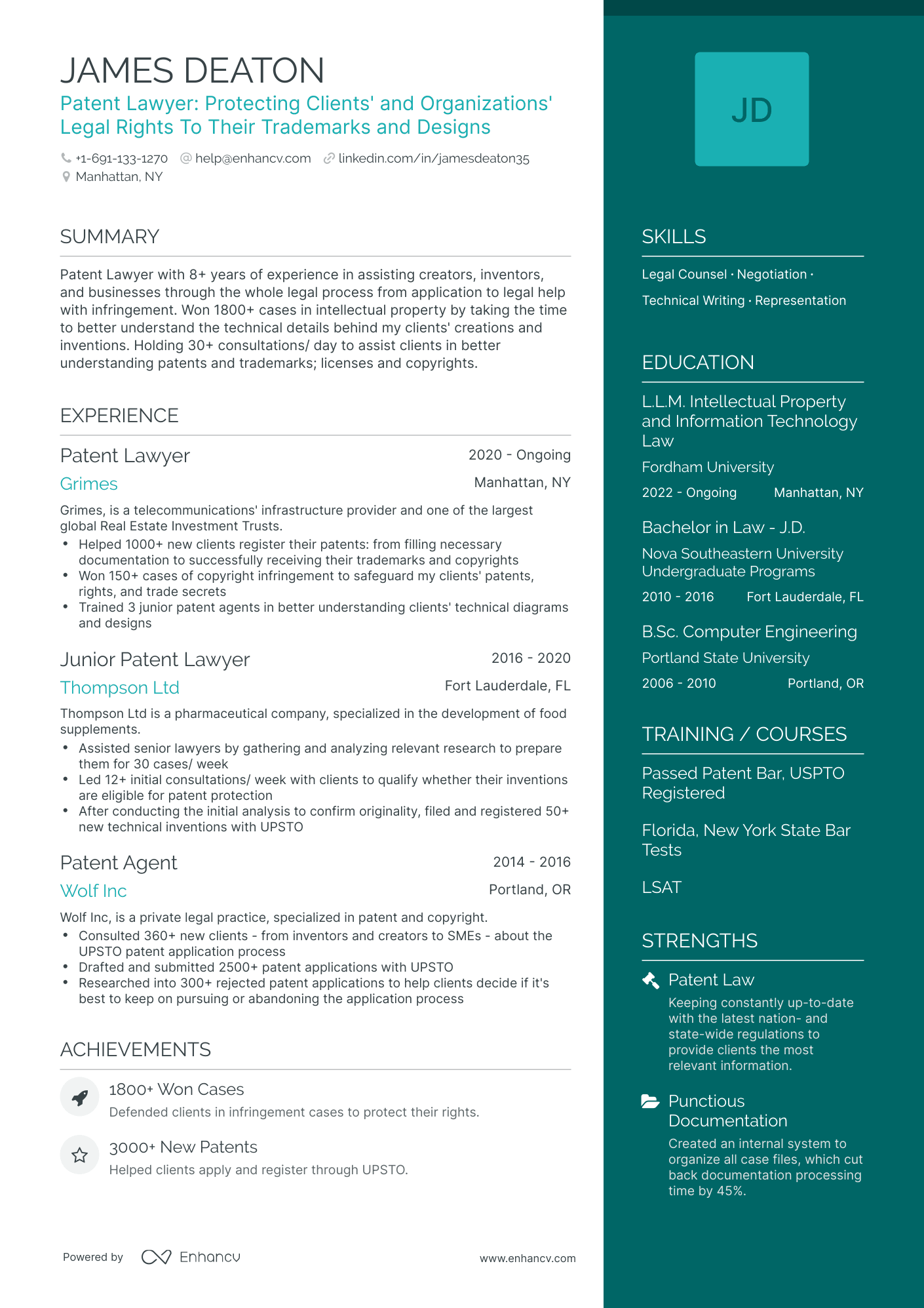 One Page Patent Lawyer Resume Template