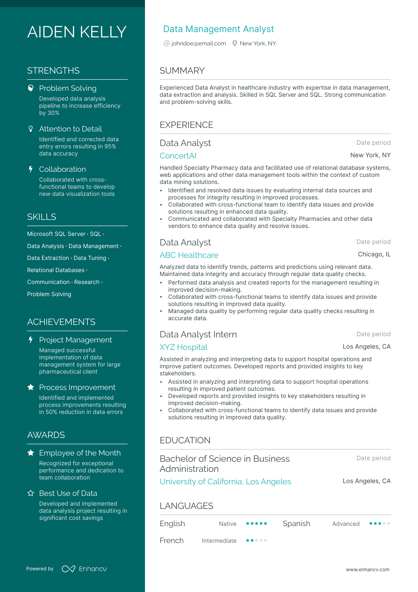 A resume example of a Data Management Analyst