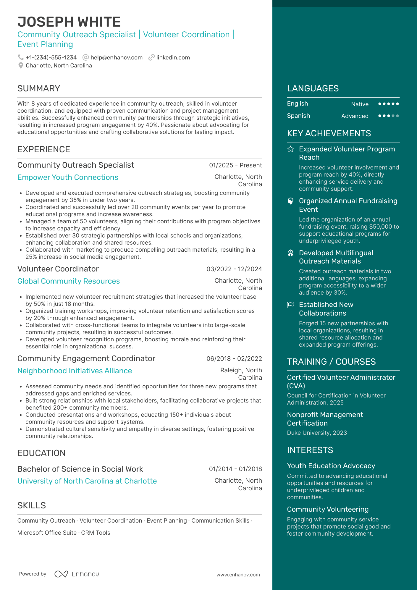 A resume example of a Non Profit Community Outreach Specialist