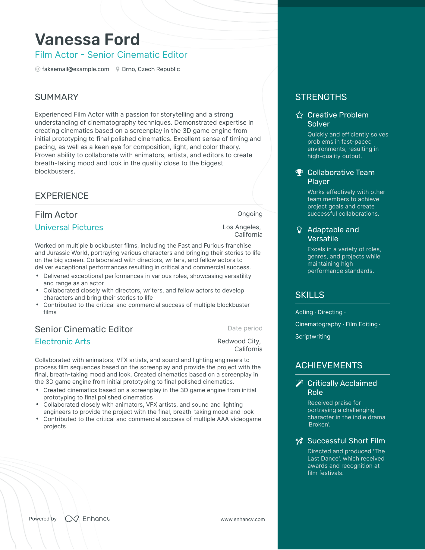 One Page Film Actor Resume Template