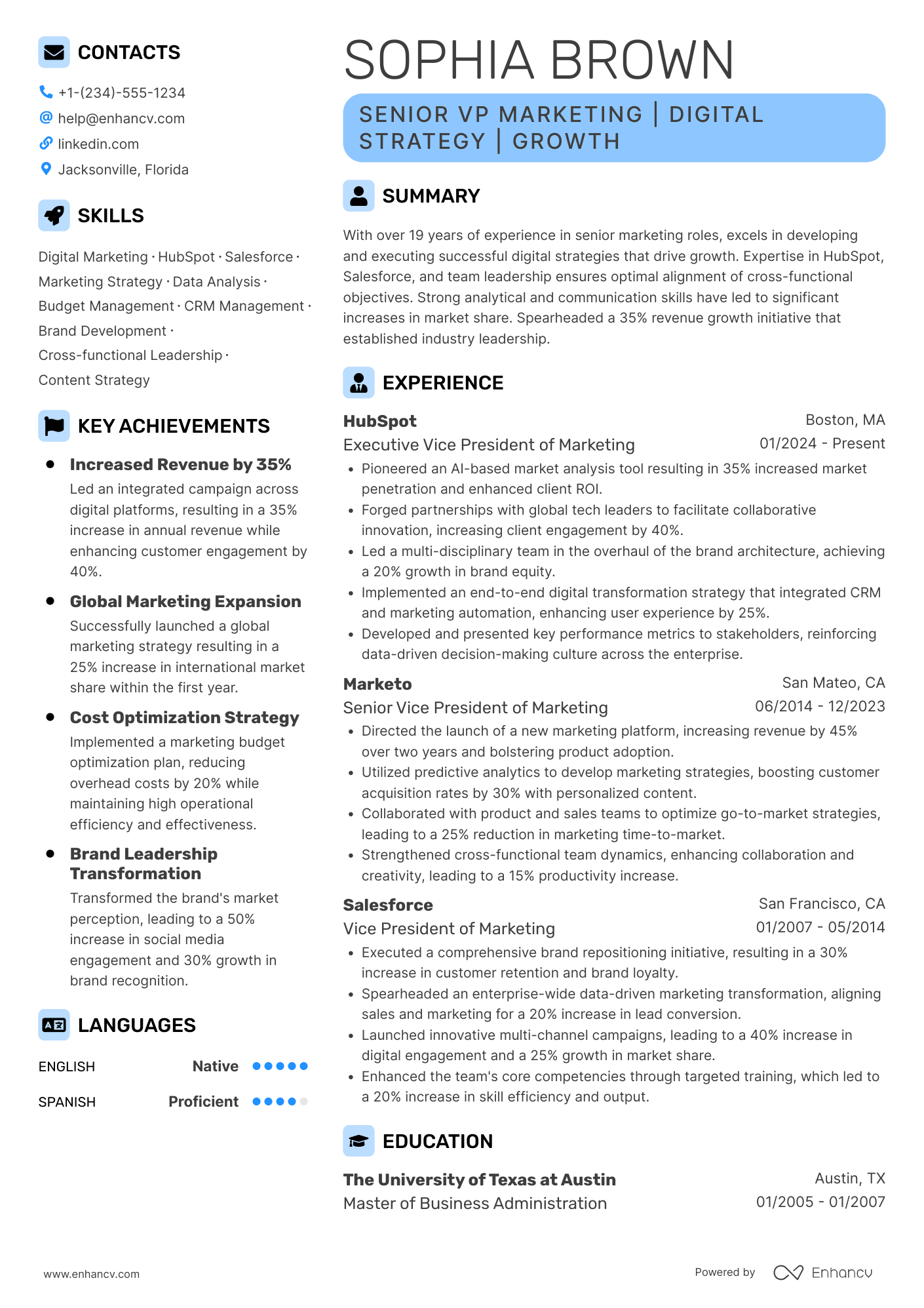 A resume example of a Senior VP Marketing