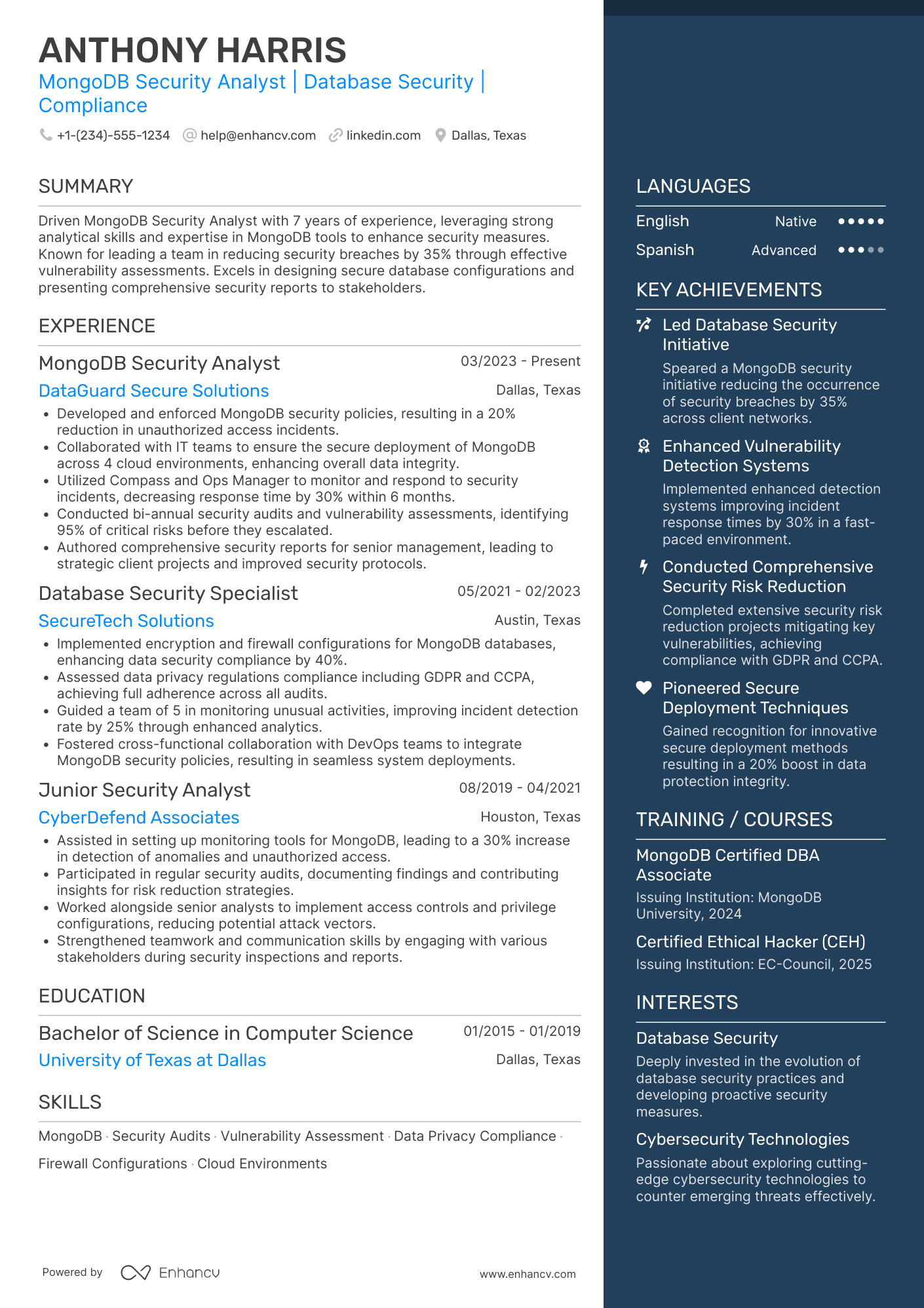 A resume example of a MongoDB Security Analyst