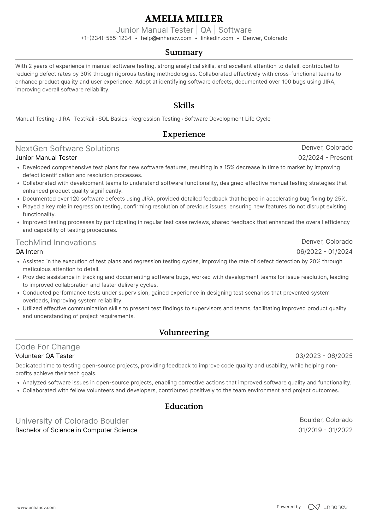A resume example of a Junior Manual Tester