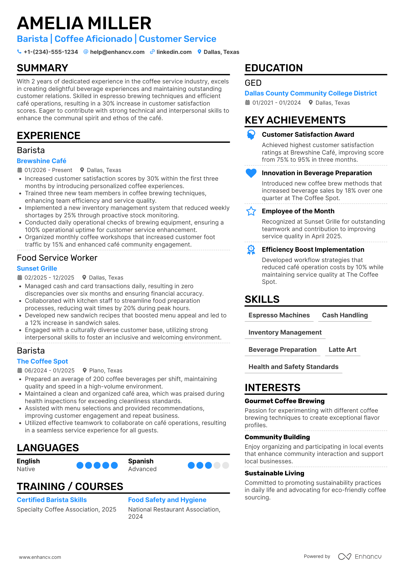 A resume example of a Barista and Food Service Worker