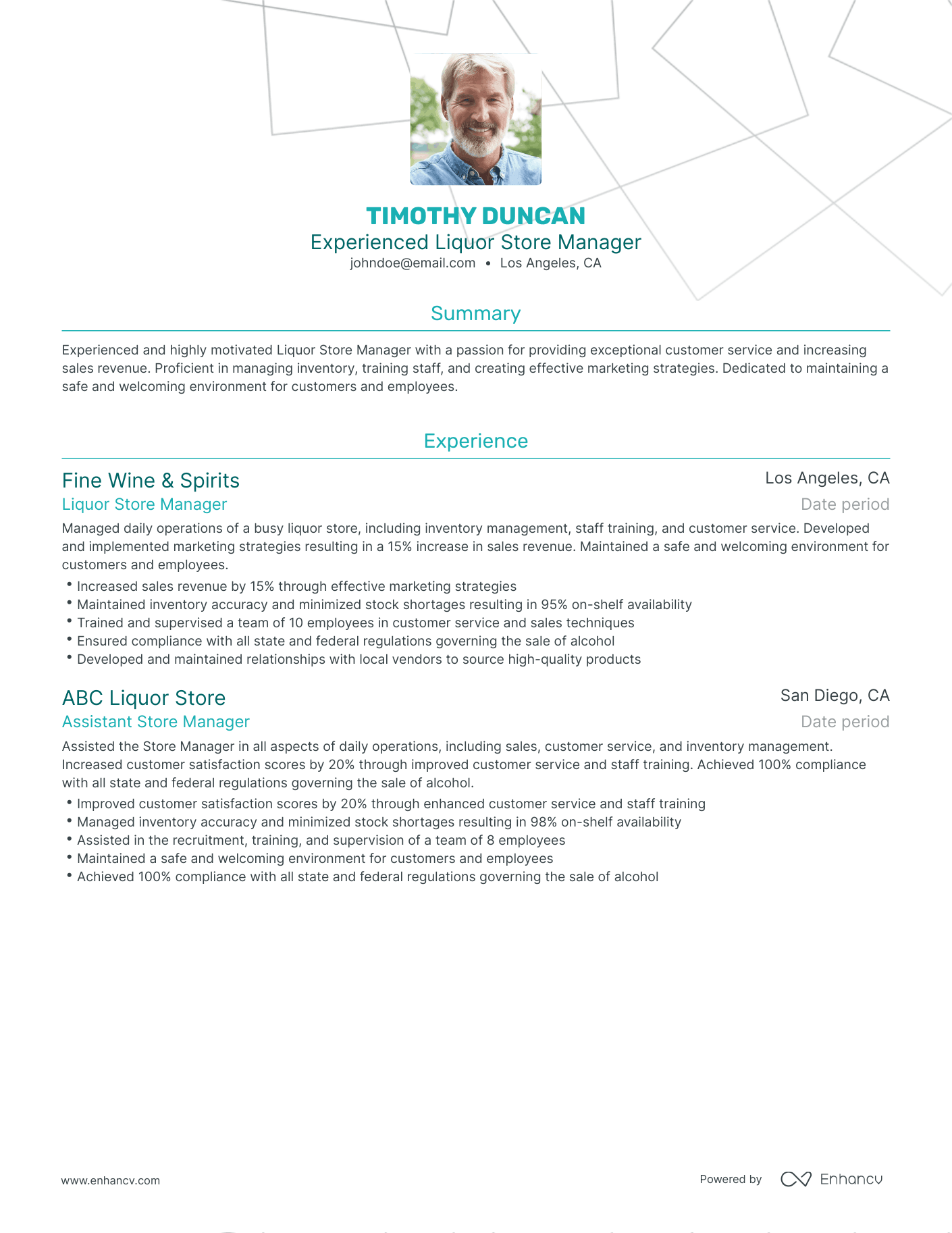 Traditional Liquor Store Manager Resume Template