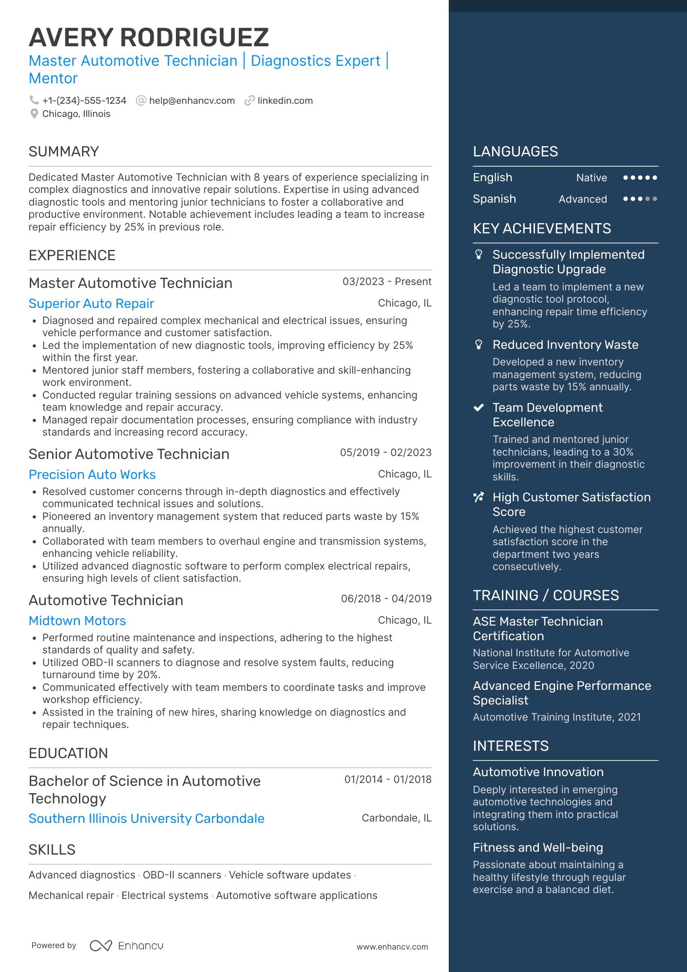 A resume example of a Master Automotive Technician