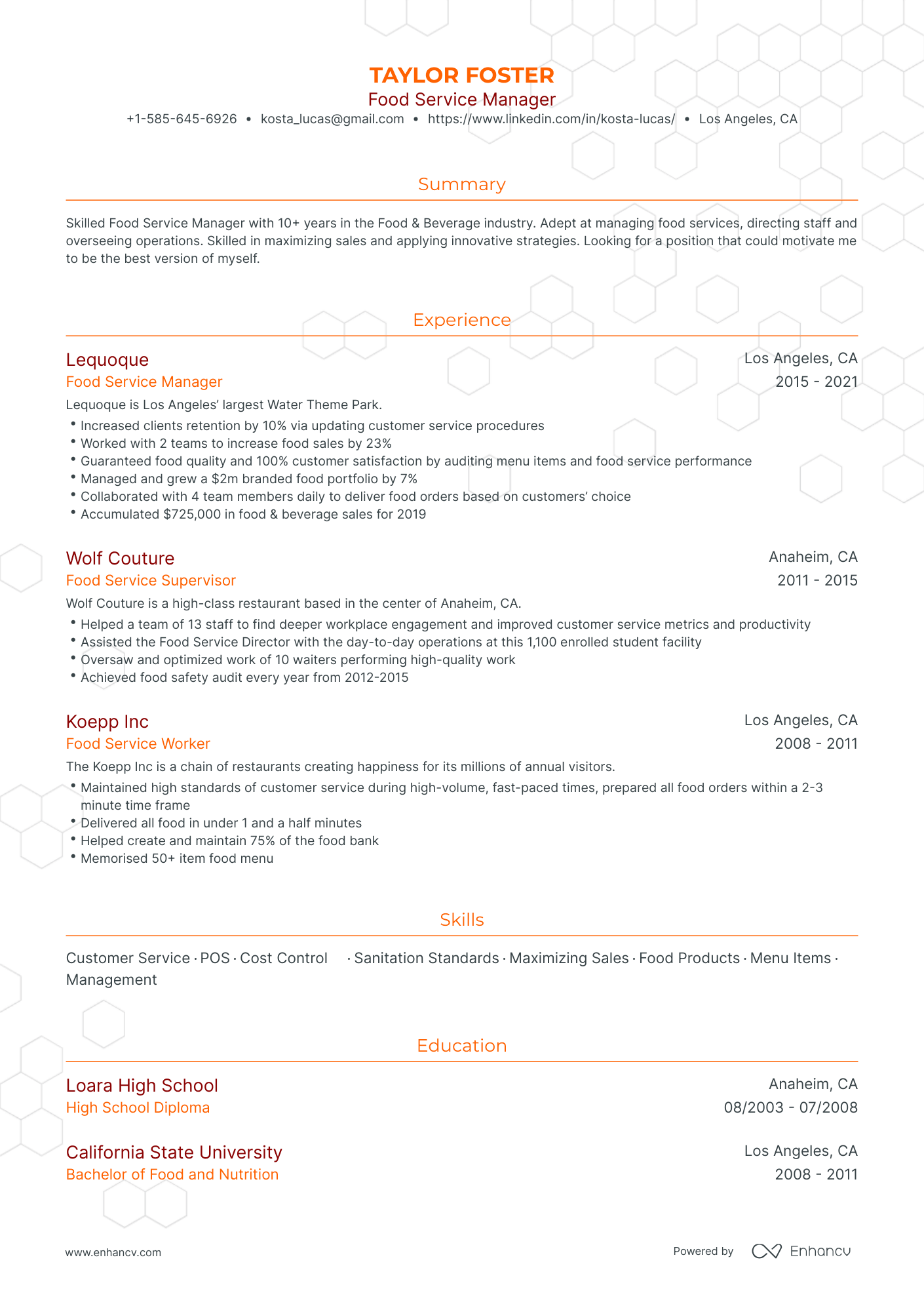 Traditional Food Service Resume Template