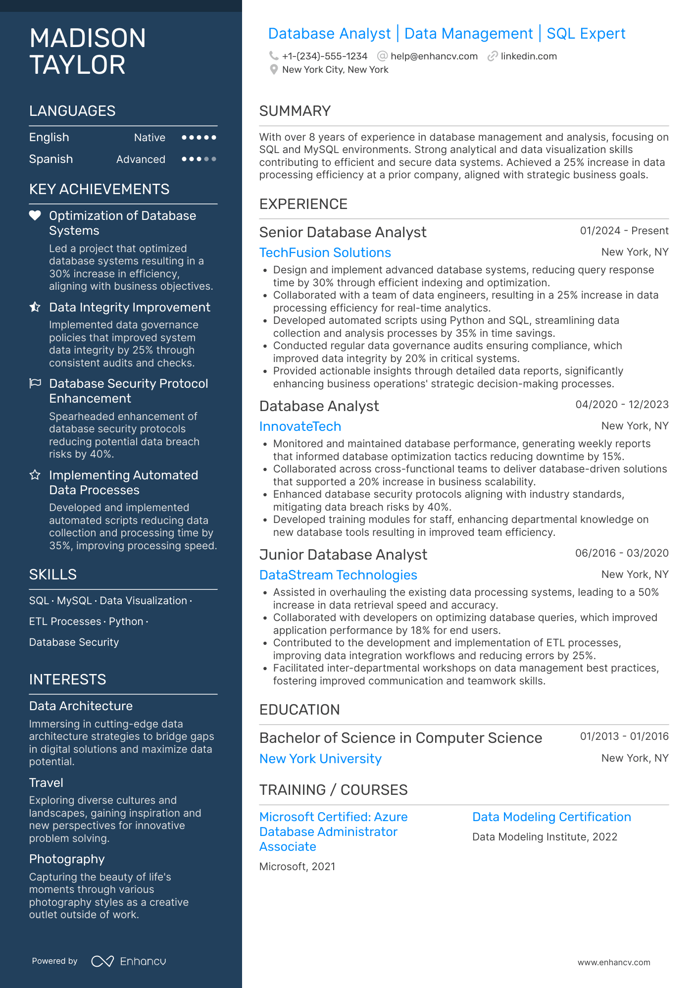 A resume example of a Database Analyst