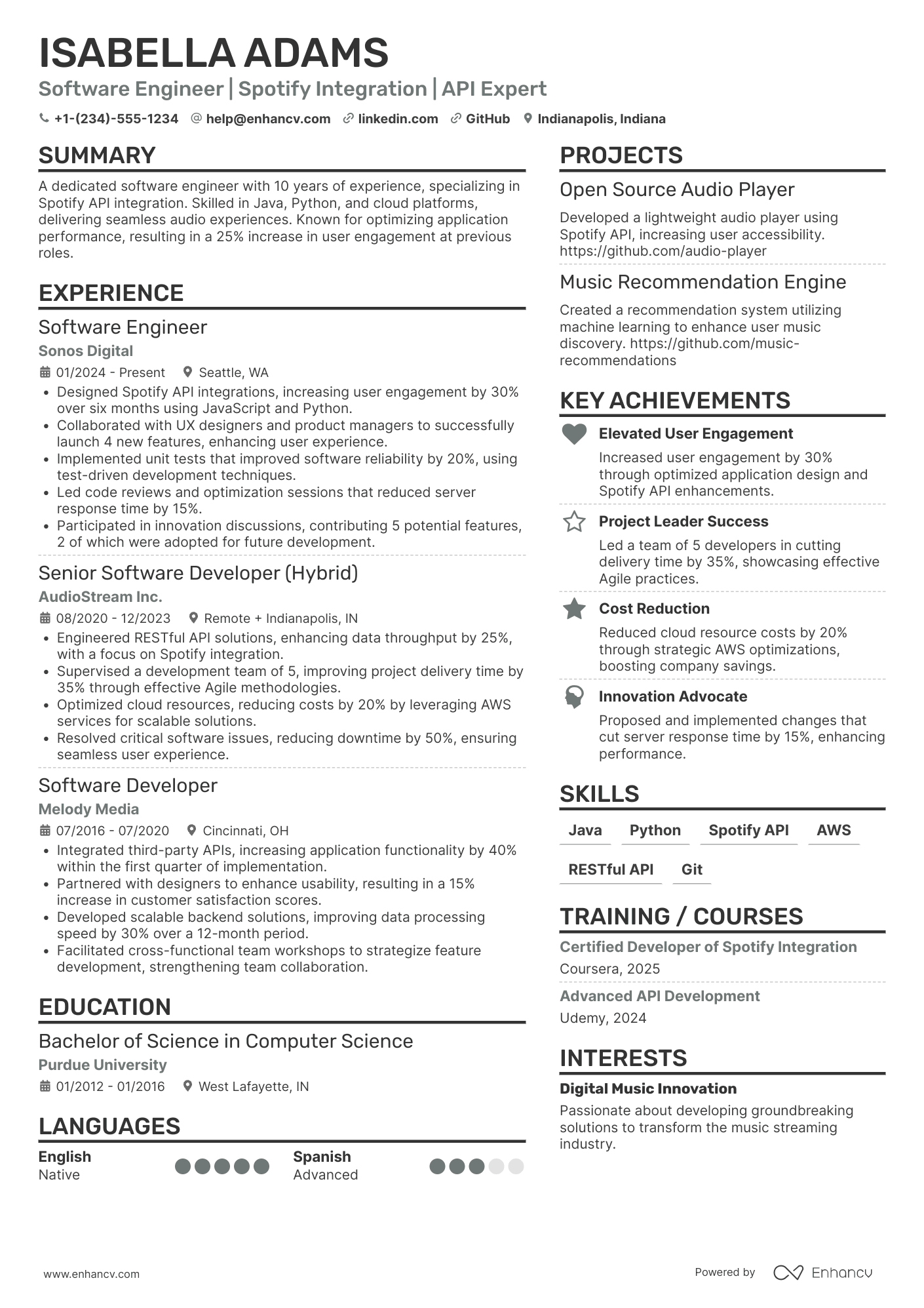A resume example of a Spotify Software Engineer