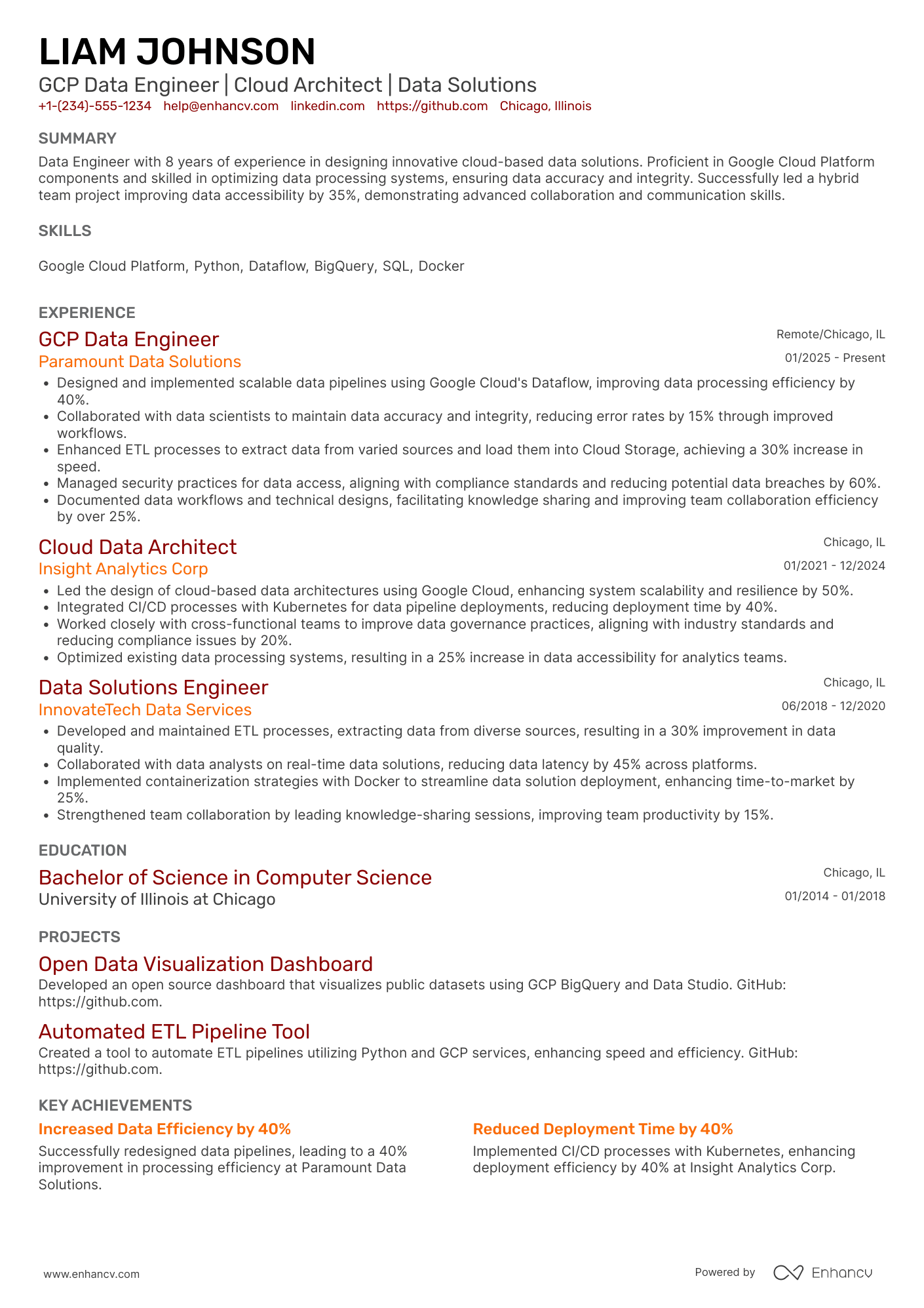 A resume example of a GCP Data Engineer