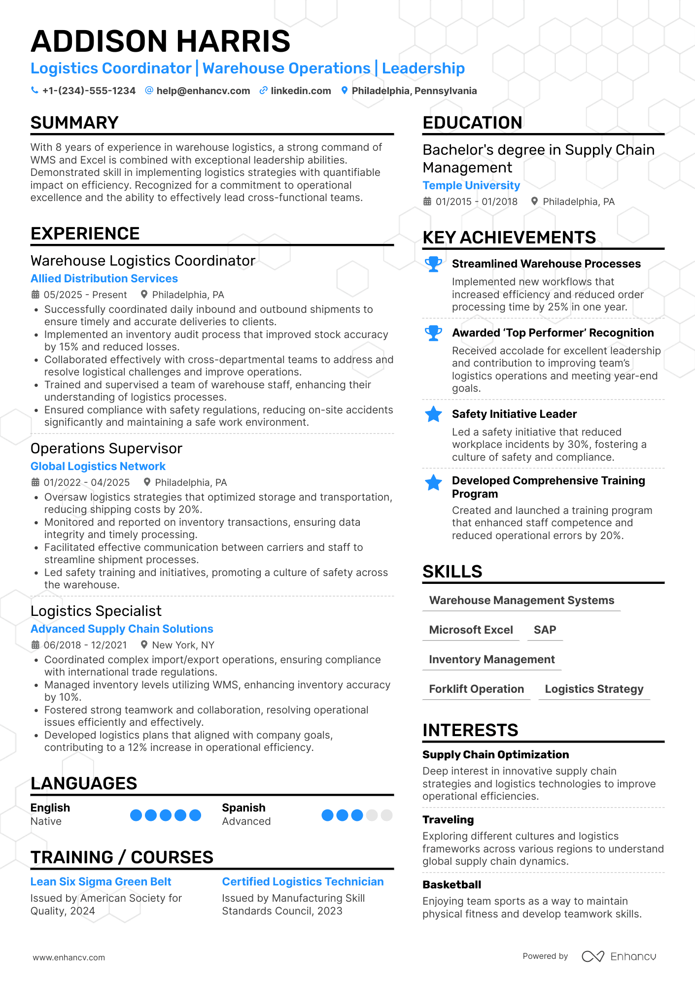 A resume example of a Warehouse Logistics Coordinator