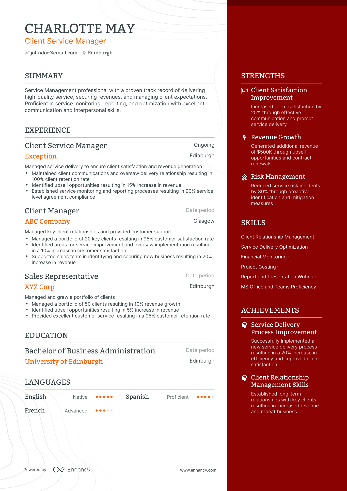 One Page Client Service Manager Resume Template