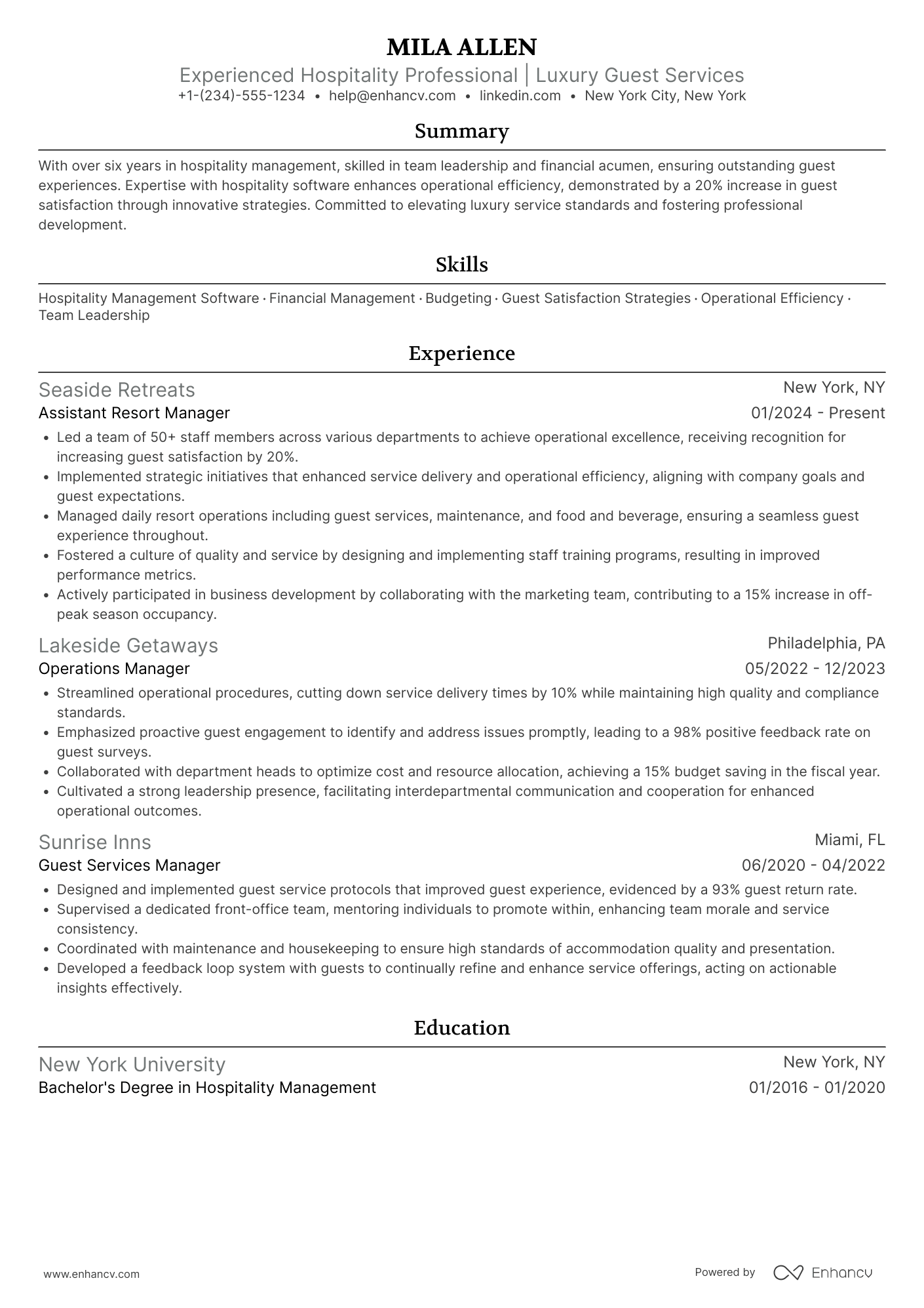 A resume example of a Resort Manager