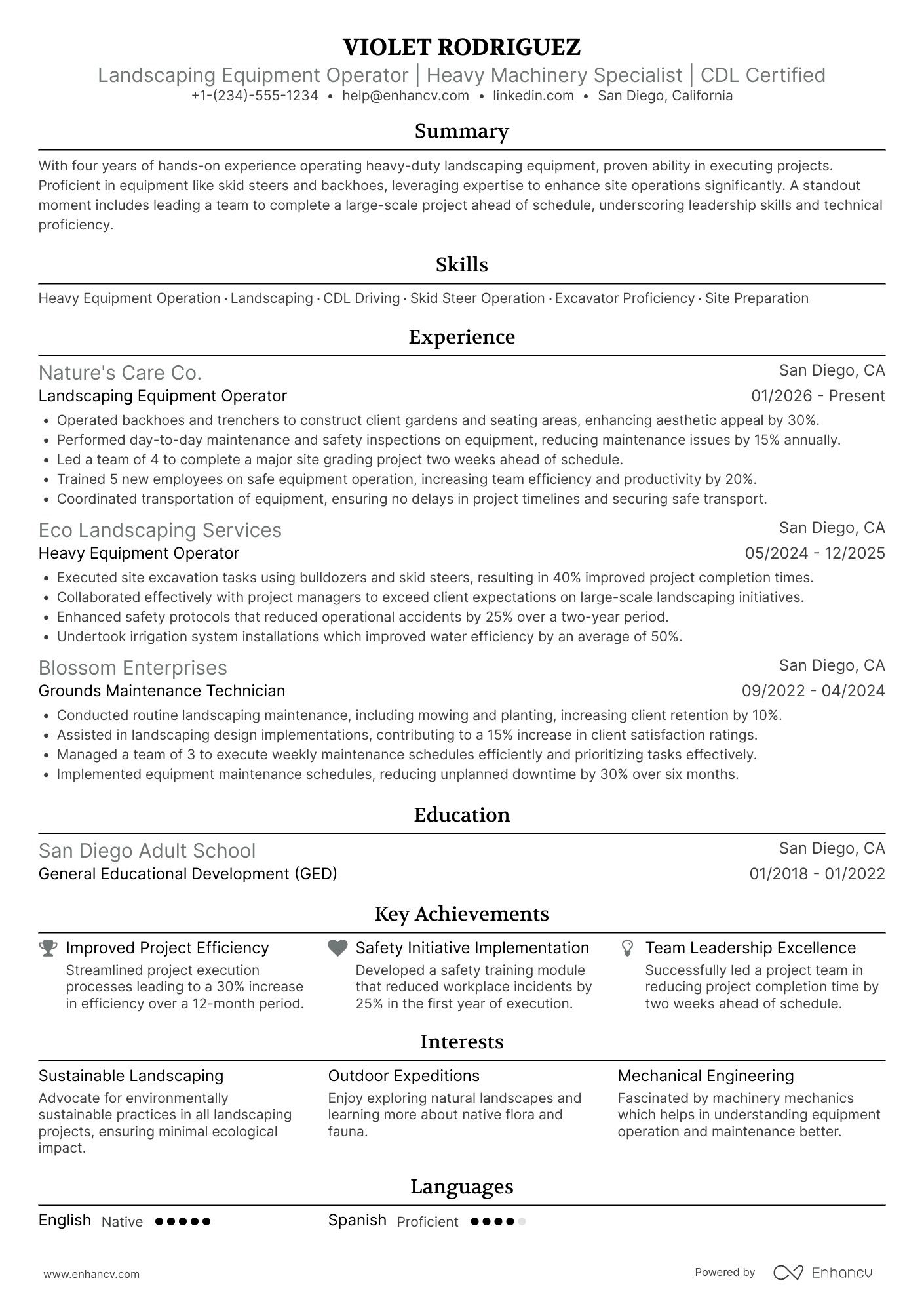 A resume example of a Landscaping Equipment Operator