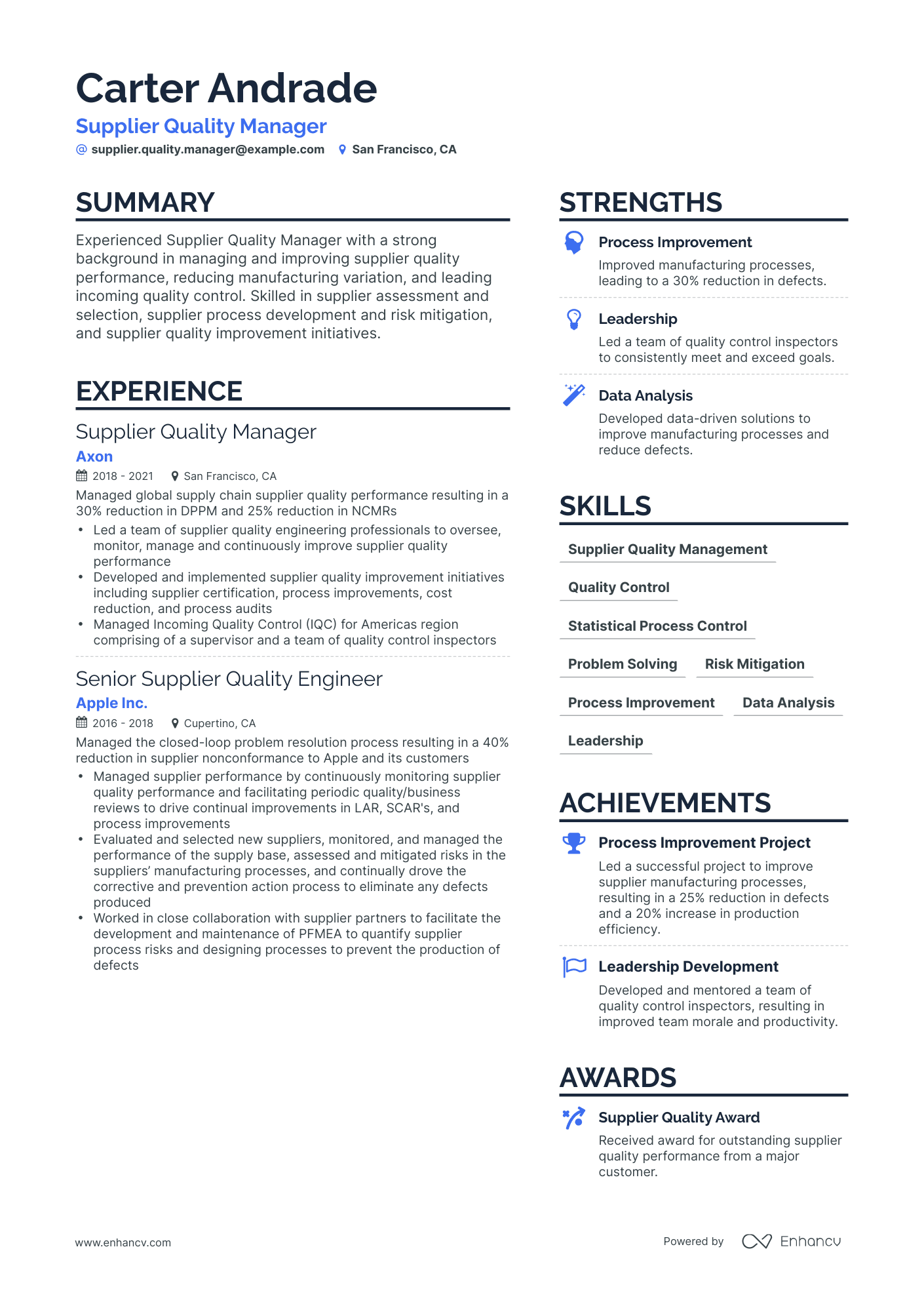 Simple Supplier Quality Manager Resume Template