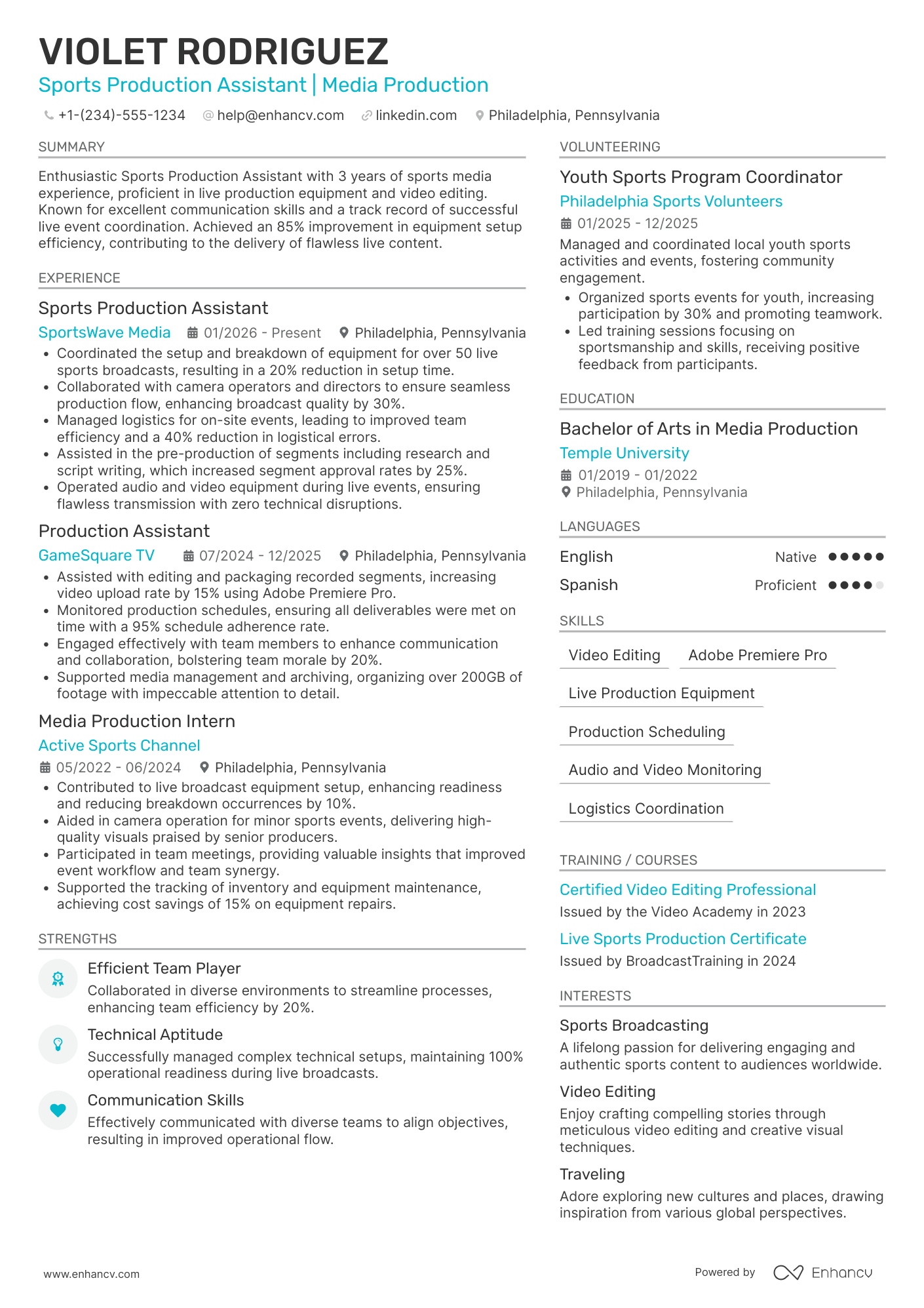 A resume example of a Sports Production Assistant