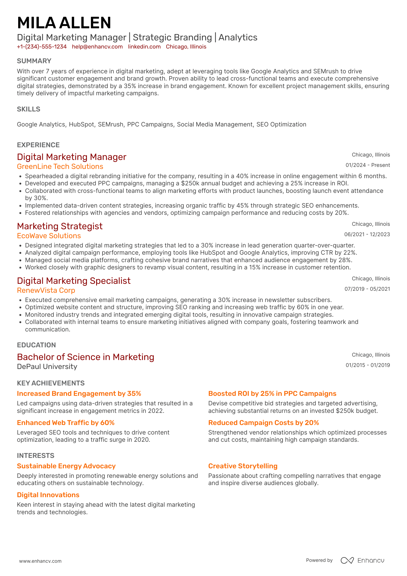 A resume example of a Digital Marketing Manager