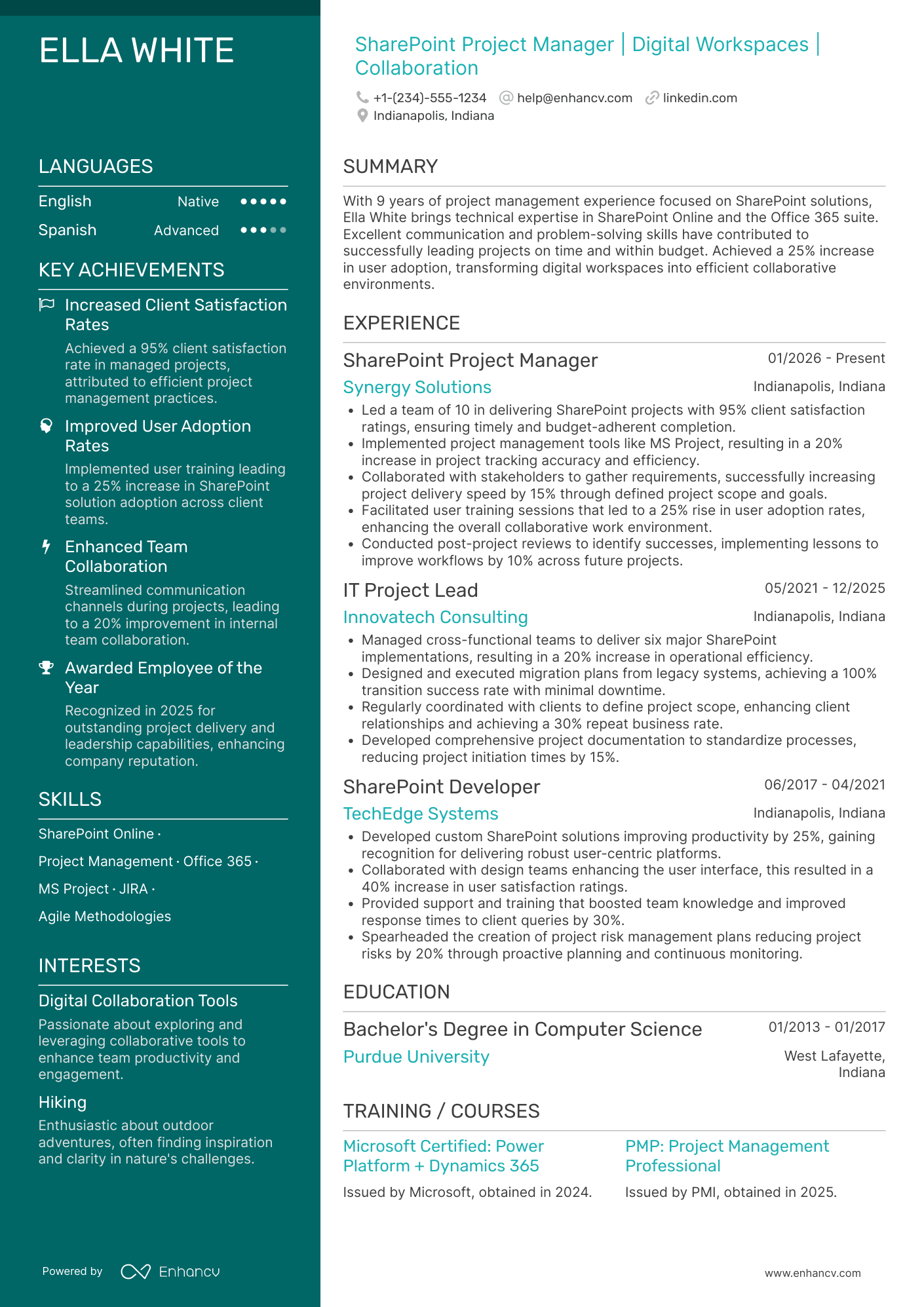 A resume example of a SharePoint Project Manager