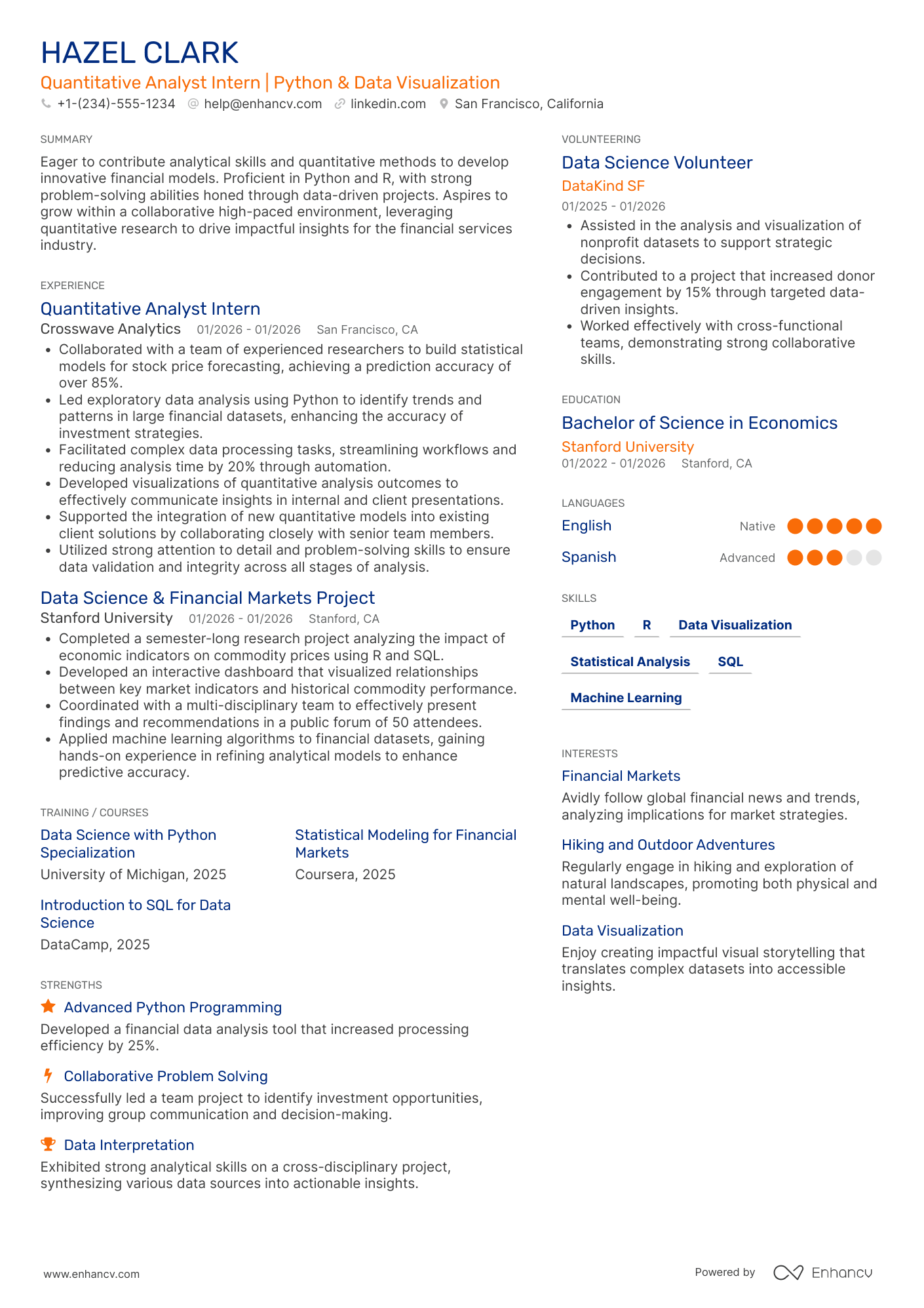 A resume example of a Entry Level Quantitative Researcher