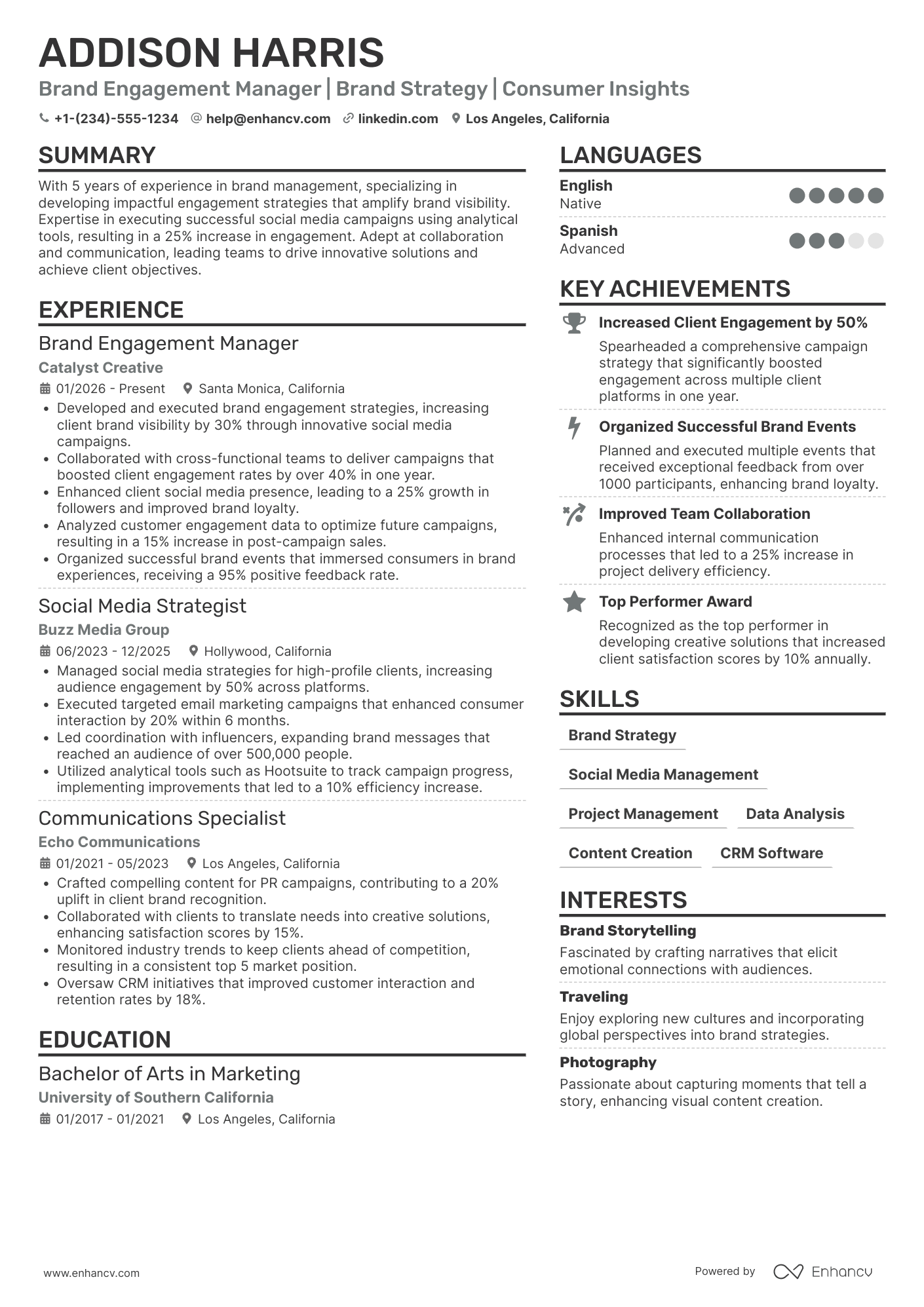 A resume example of a Brand Engagement Manager