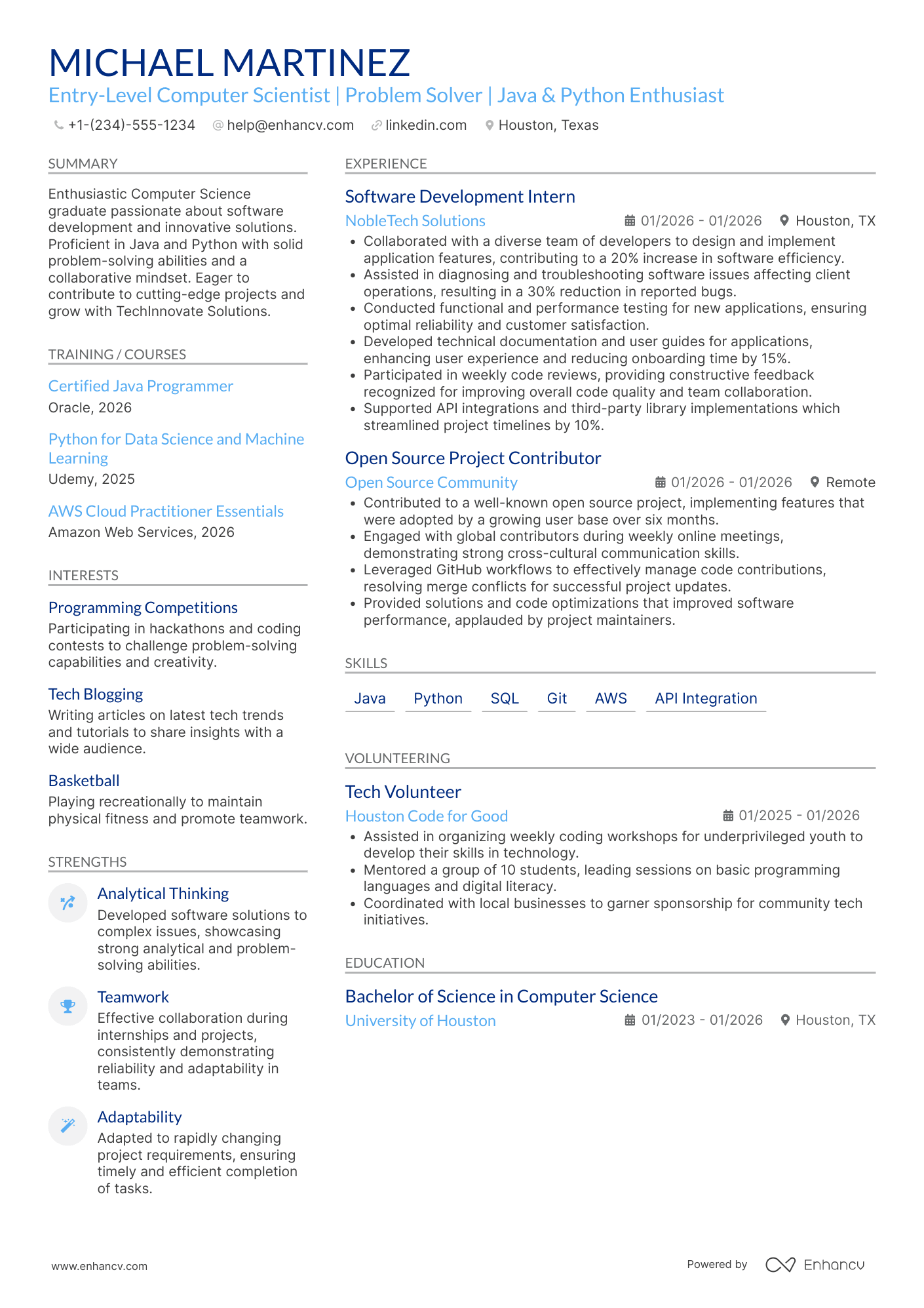 A resume example of a Entry Level Computer Science